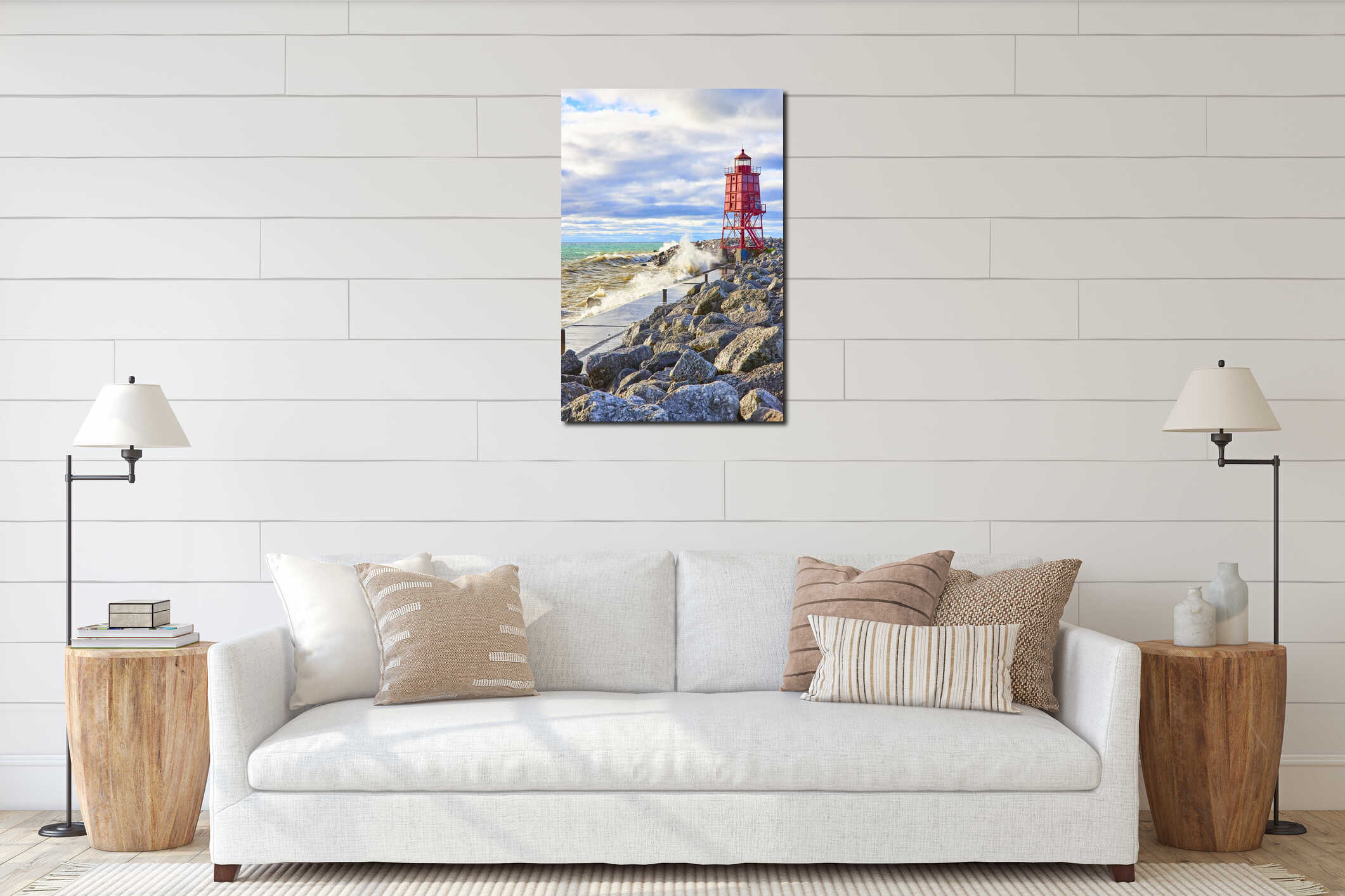 Vibrant Red Lighthouse on Rocky Shoreline with Crashing Waves at Eye Level interior mockup