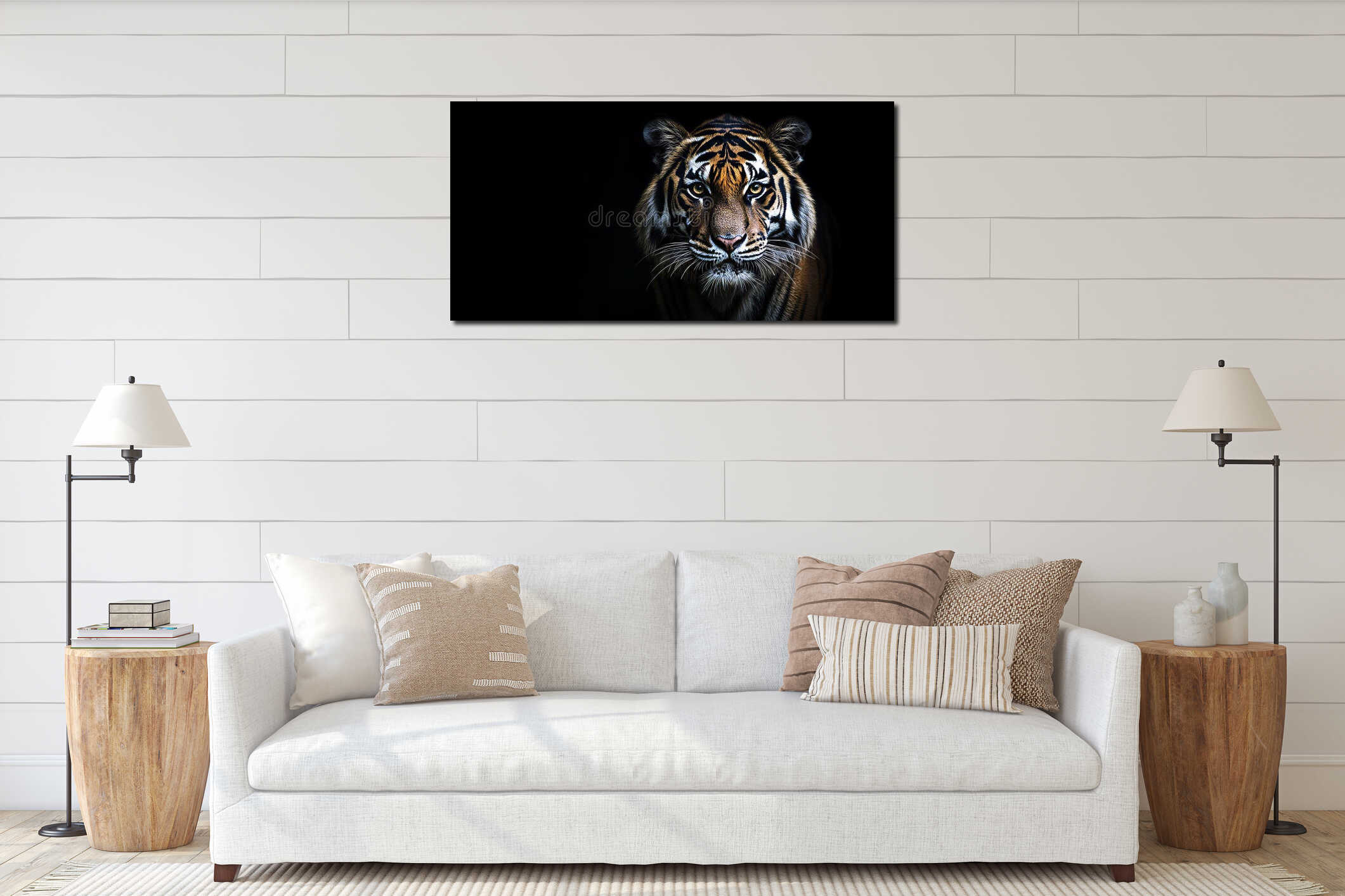 An up close detail portrait of a tiger with beautiful eyes was created using stock images interior mockup