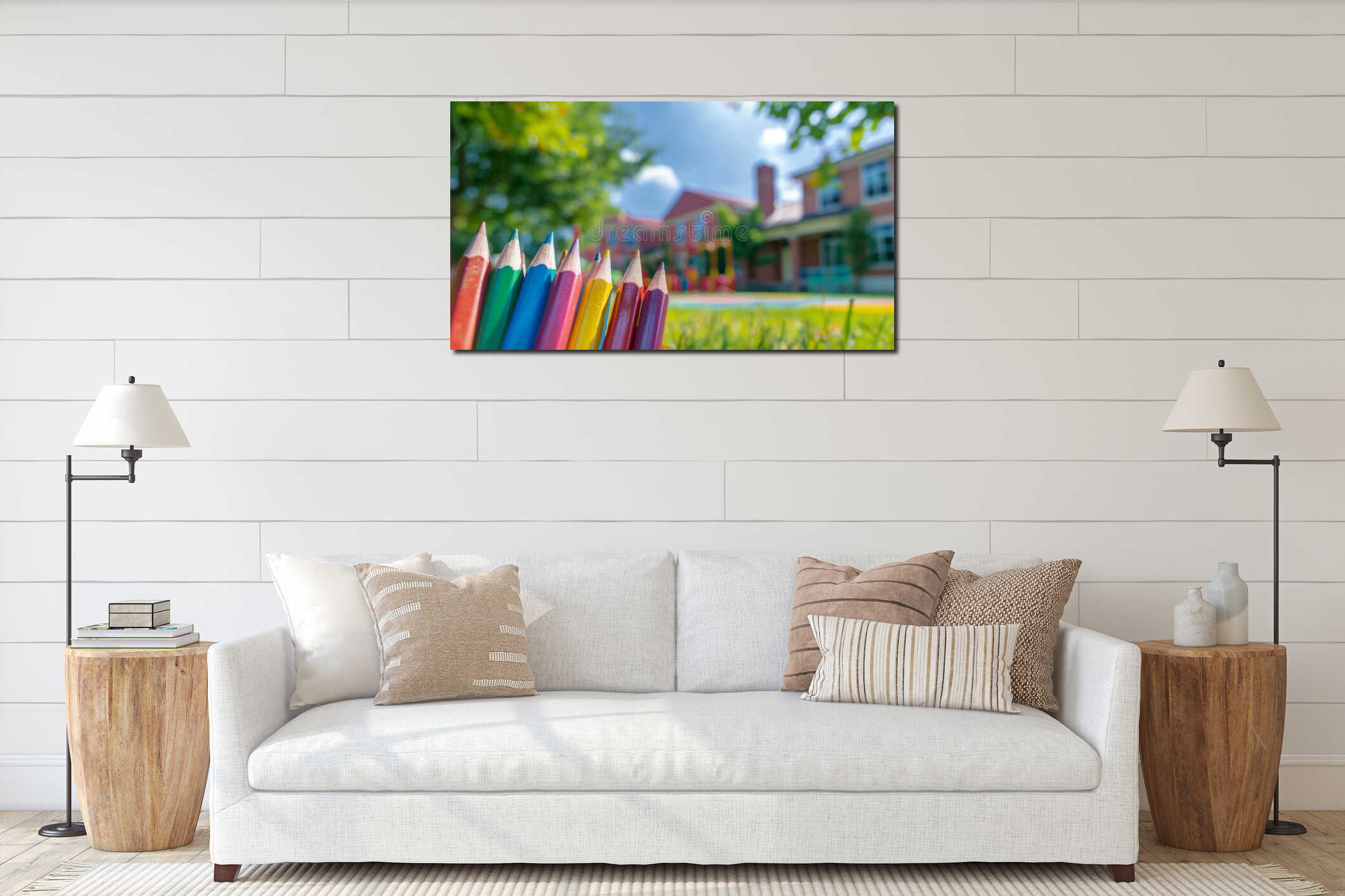 Elementary school, preschool or kindergarten yard or playground with green grass and bright pencils interior mockup