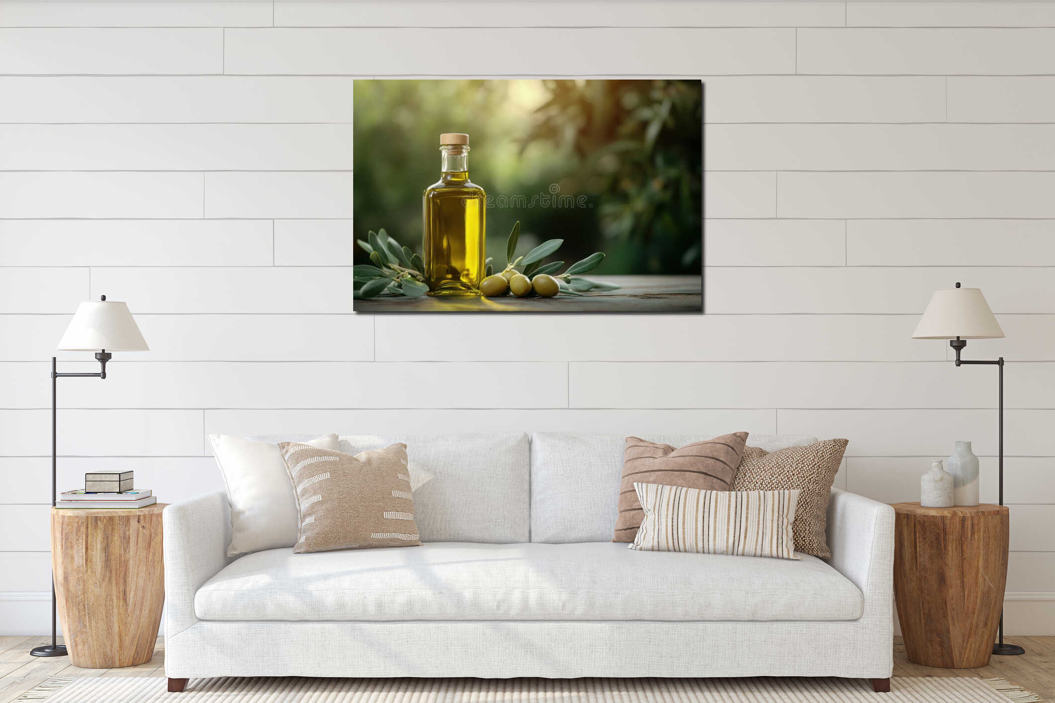 A rustic bottle of olive oil with fresh olives resting on a wooden table surrounded by lush greenery interior mockup