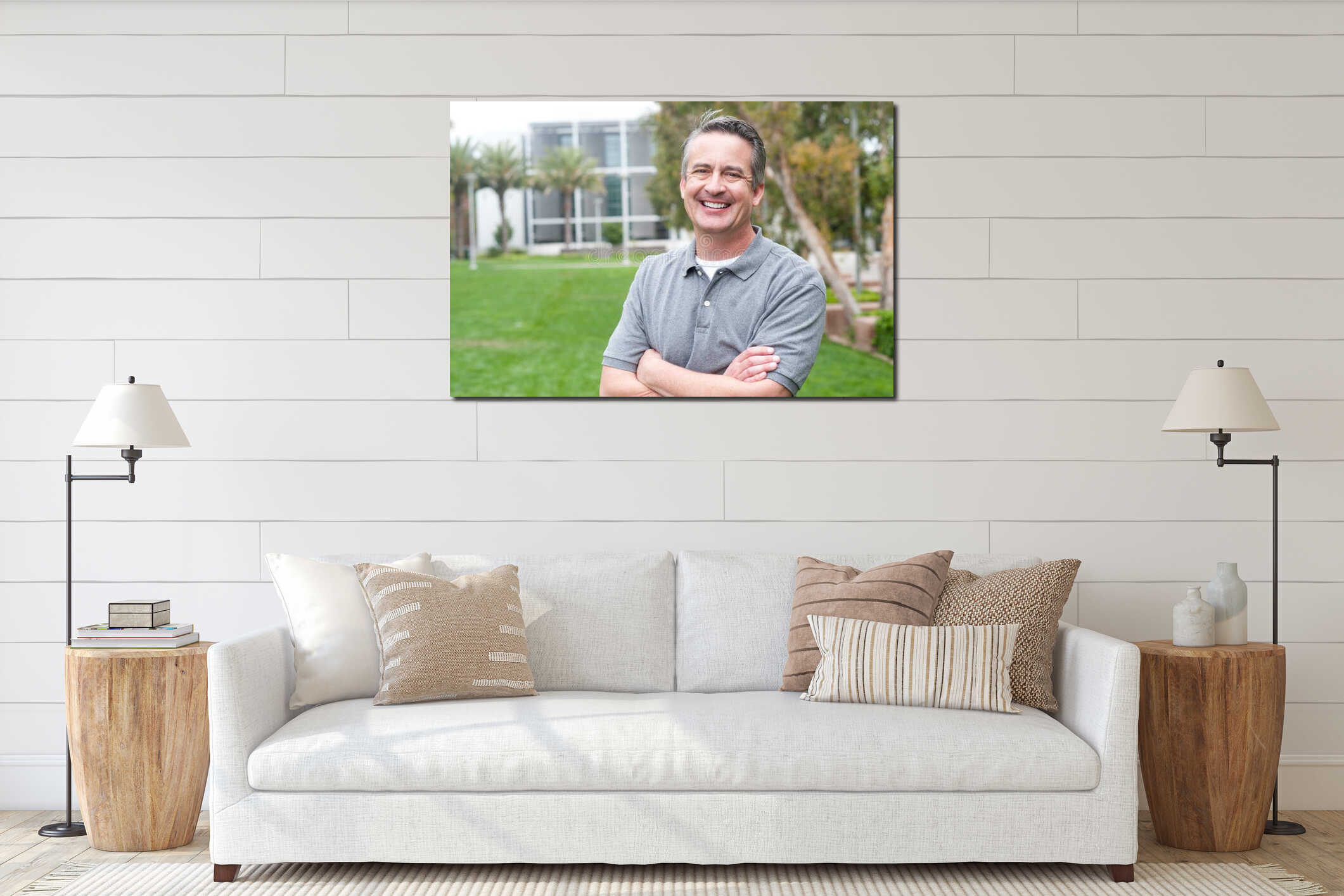 Casual portrait of a mature, happy man interior mockup