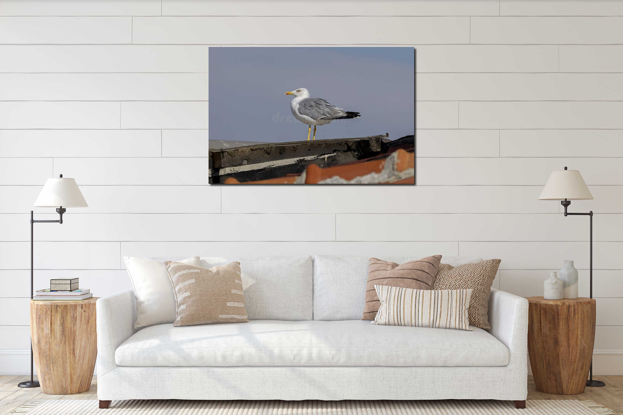 Seagull Standing on a Rooftop Under a Clear Sky interior mockup