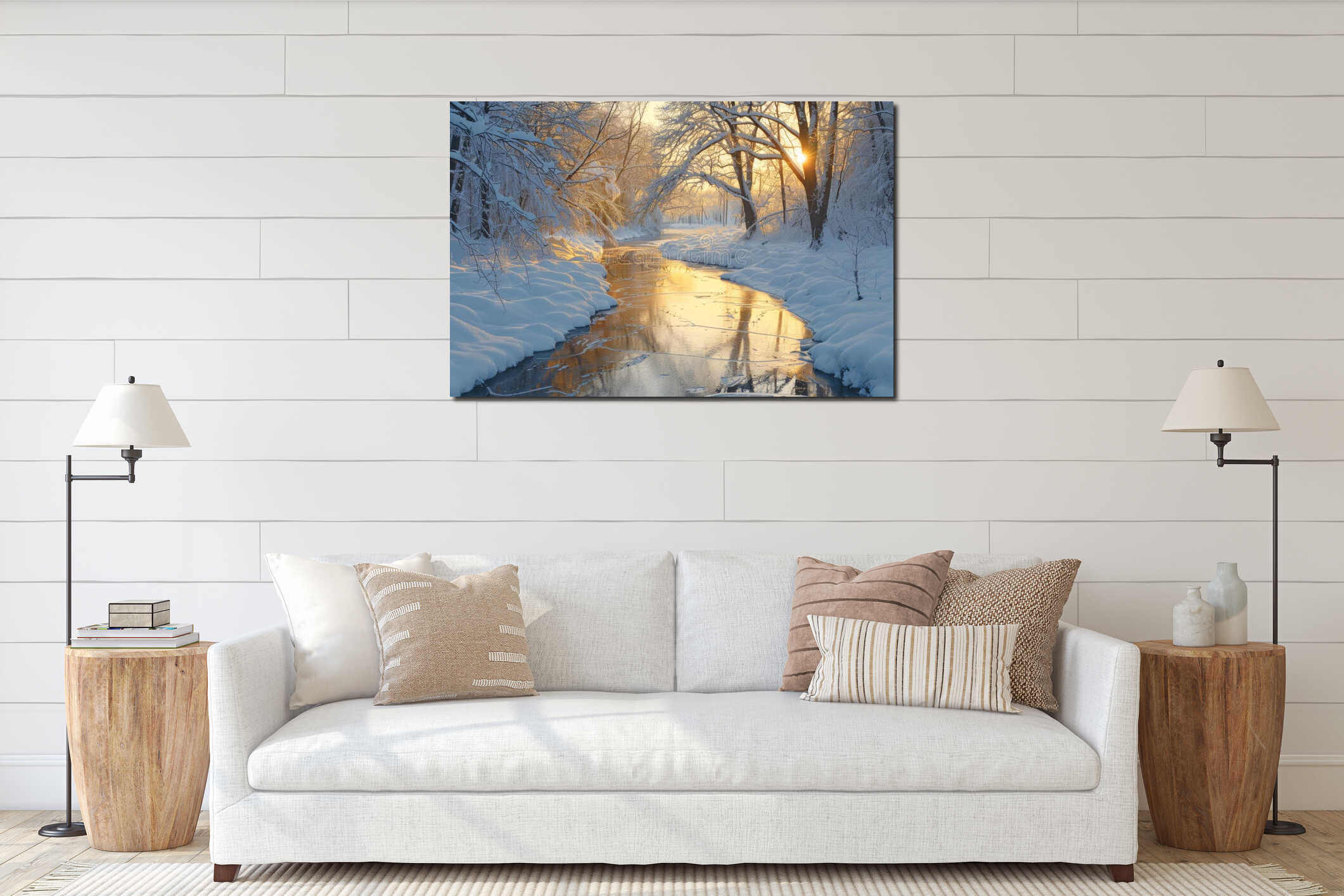 Winter sunset over a serene, icy stream surrounded by snow-covered trees in a tranquil landscape interior mockup