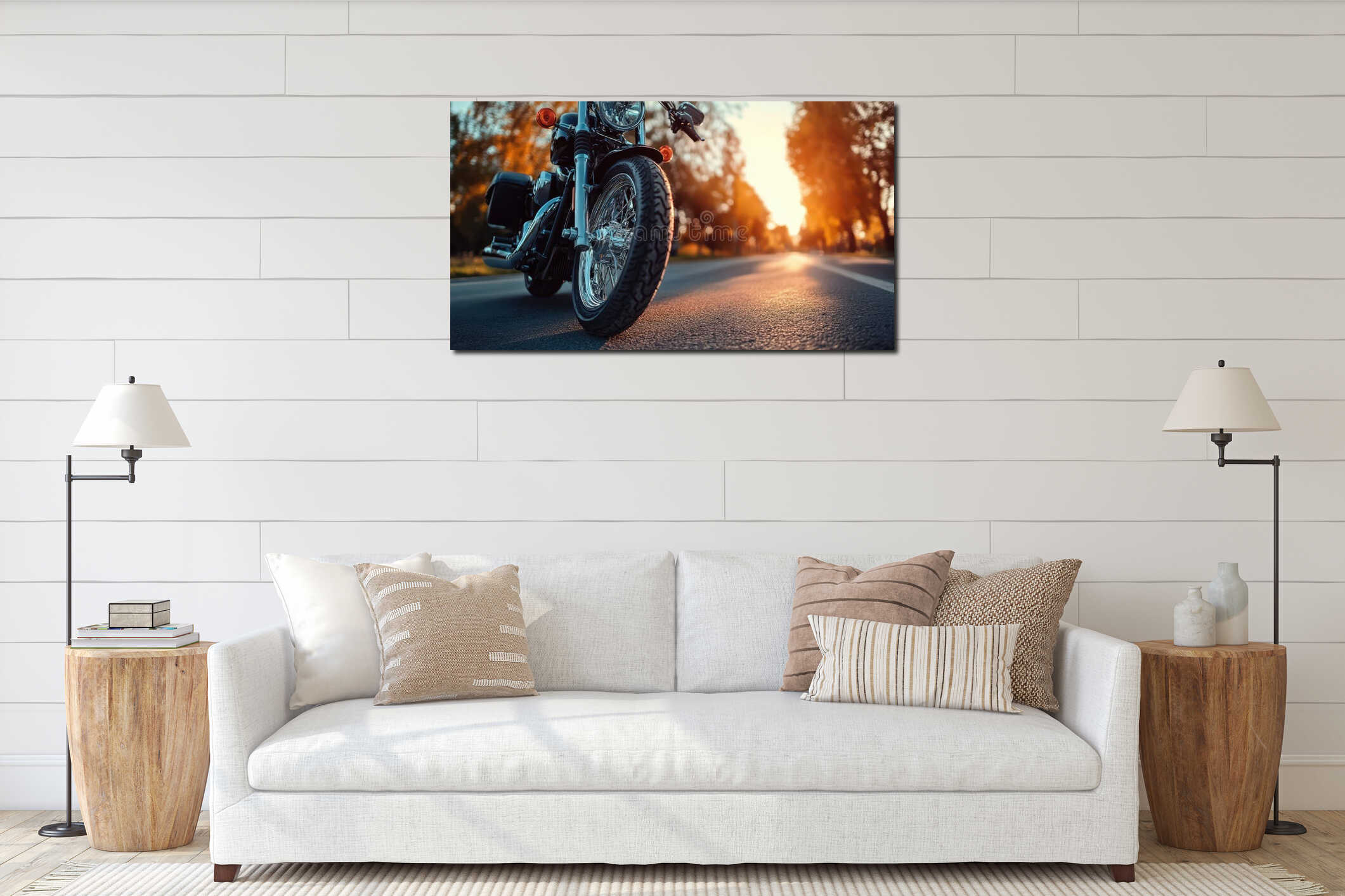 Motorcycle parked on an empty road during a golden sunset interior mockup
