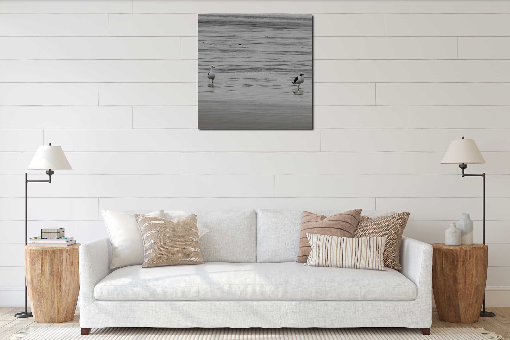 A pair of Seagulls on the beach interior mockup