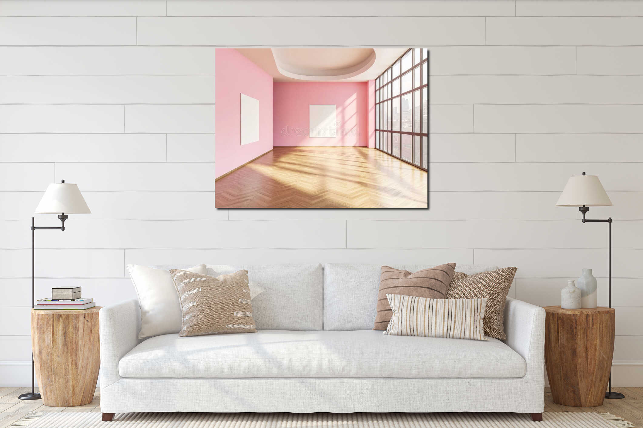 Inventive AI generative office design with a large blank billboard on the wall and floor-to-ceiling windows. interior mockup