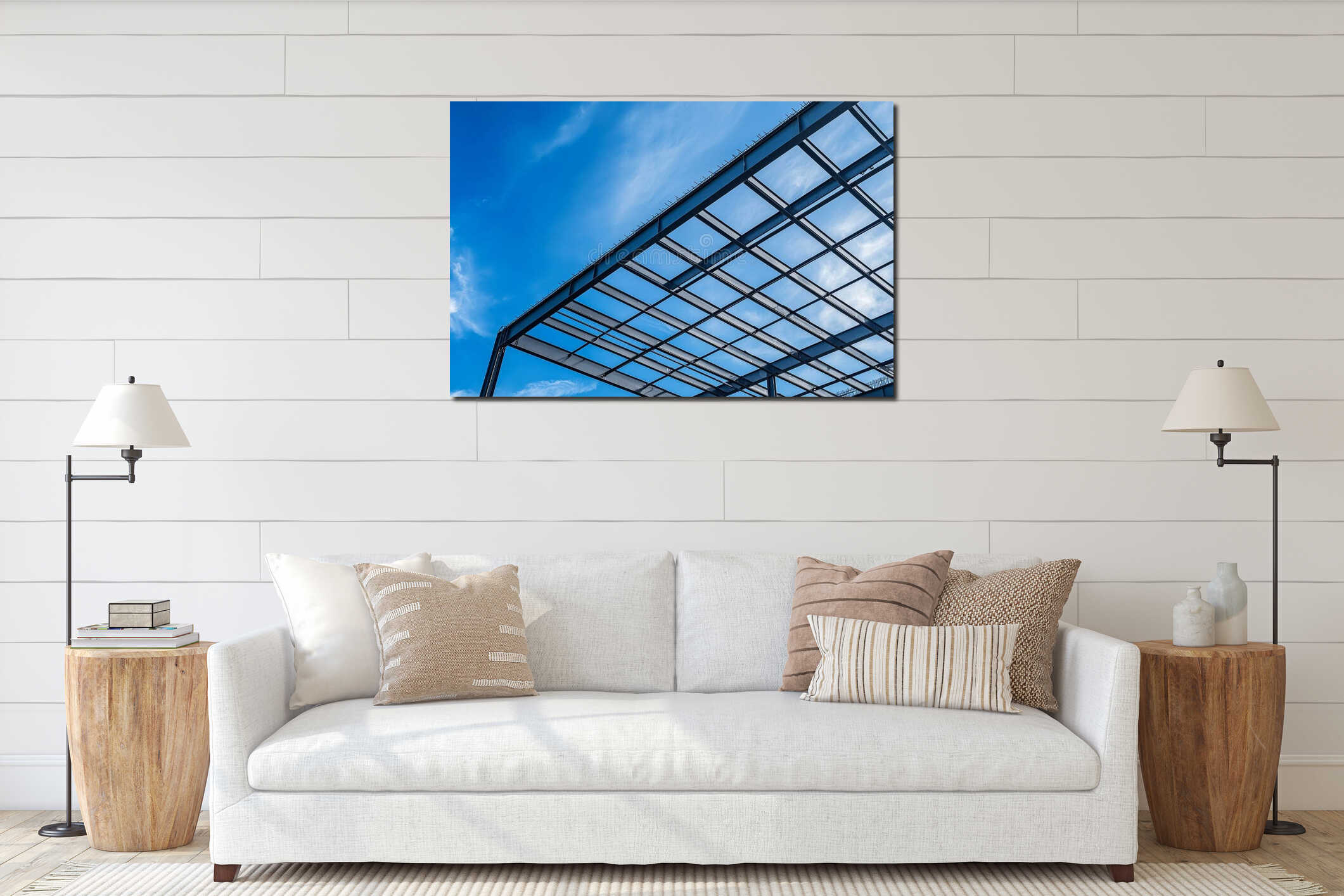 Under construction building with beautiful sky, steel roof truss structure. interior mockup