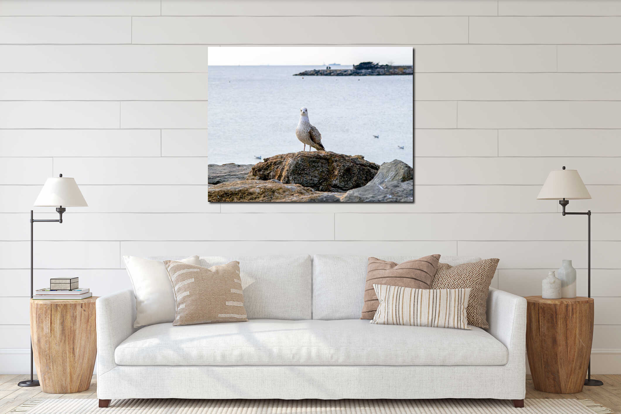 Seagull posing on the rock in front of the sea in the day interior mockup