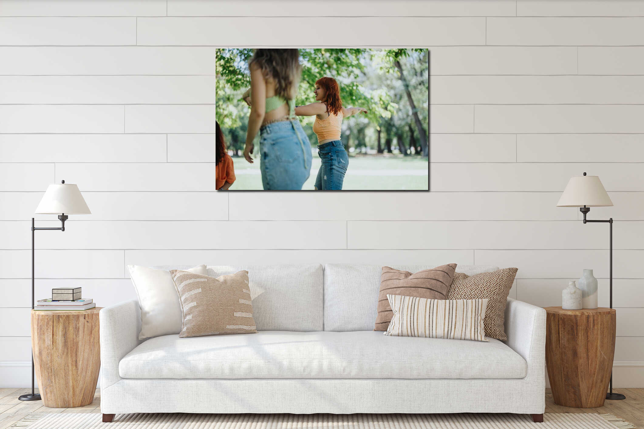 Young adults enjoying a sunny day in a park, having fun and relaxing outdoors interior mockup