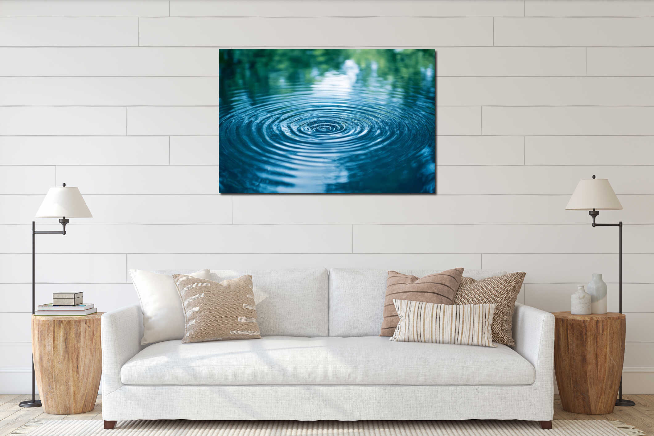 Ripple effect on a calm water surface. Concentric circles interior mockup