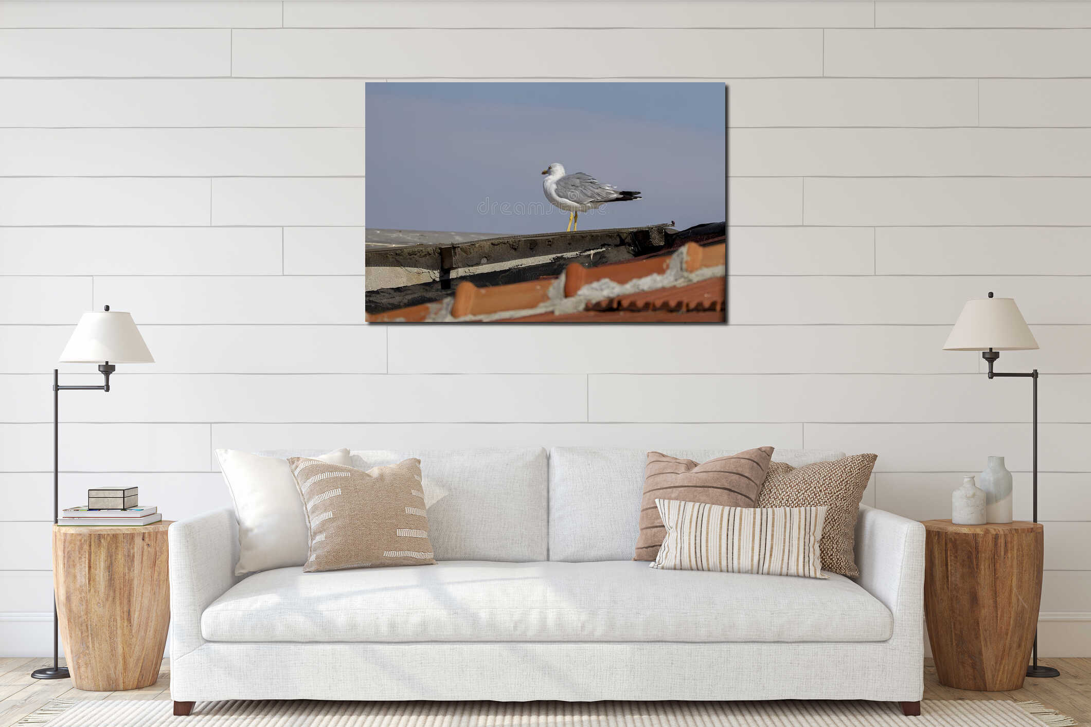 Seagull Perched on Rooftop Under Blue Sky interior mockup