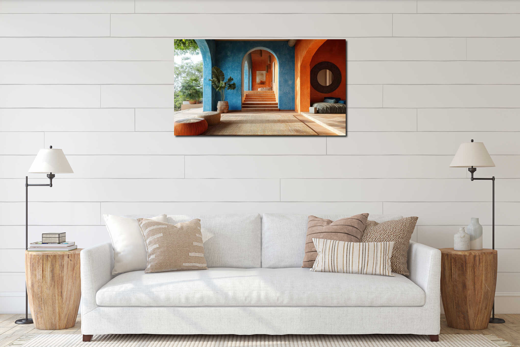 azure blue and terracotta accents in a mediterranean hall give it a coastal charm perfect for a home concept banner with interior mockup