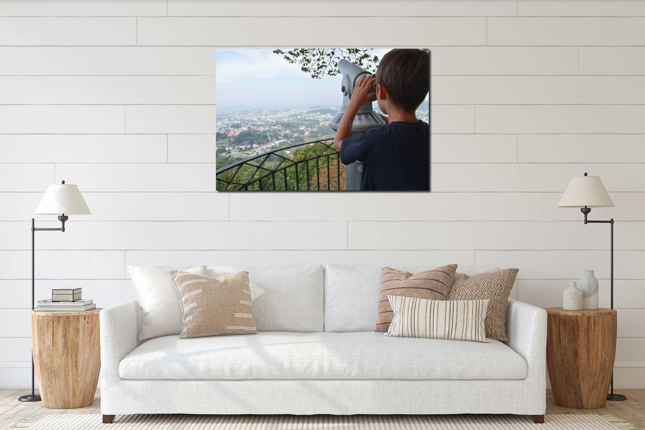 boy observing city panorama through stationary binoculars. Traveling with a child concept interior mockup