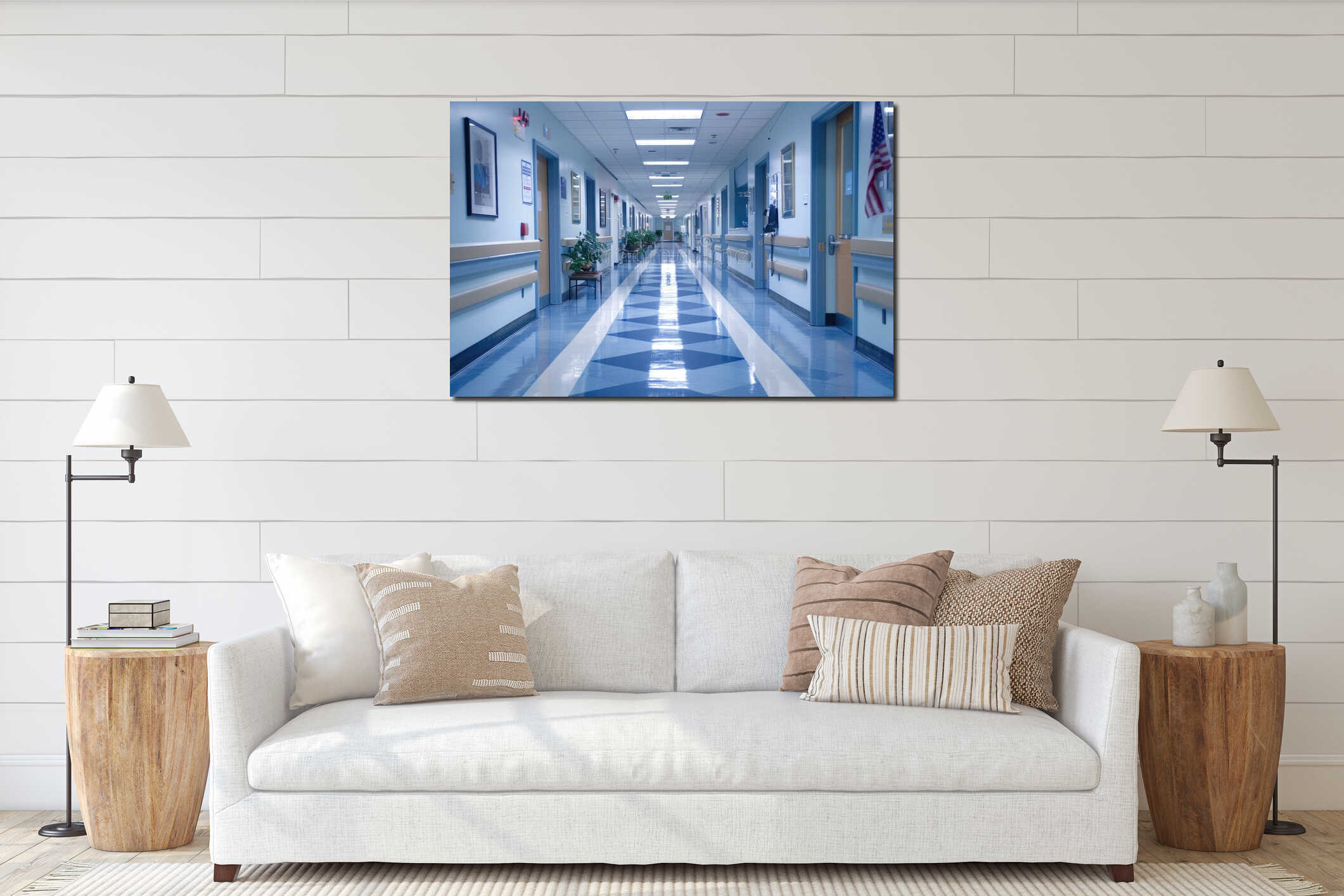 Sunlit Hospital Corridor with Windows, Clean Floors, and Modern Design interior mockup