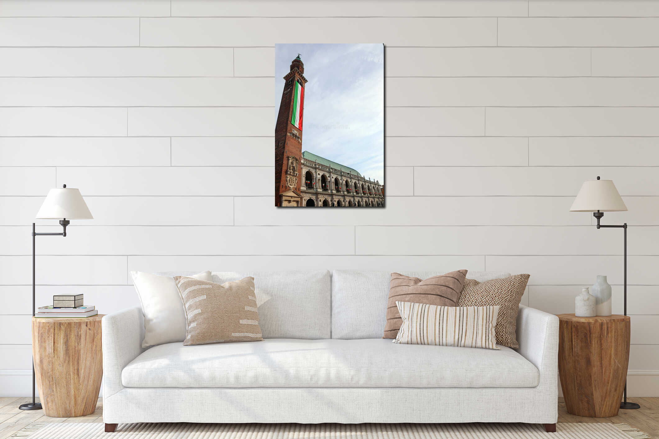 Vicenza, VI, Italy - May 10, 2024: Tower called Torre Bissara with Long Italian Flag and monument palladianan Basilica interior mockup