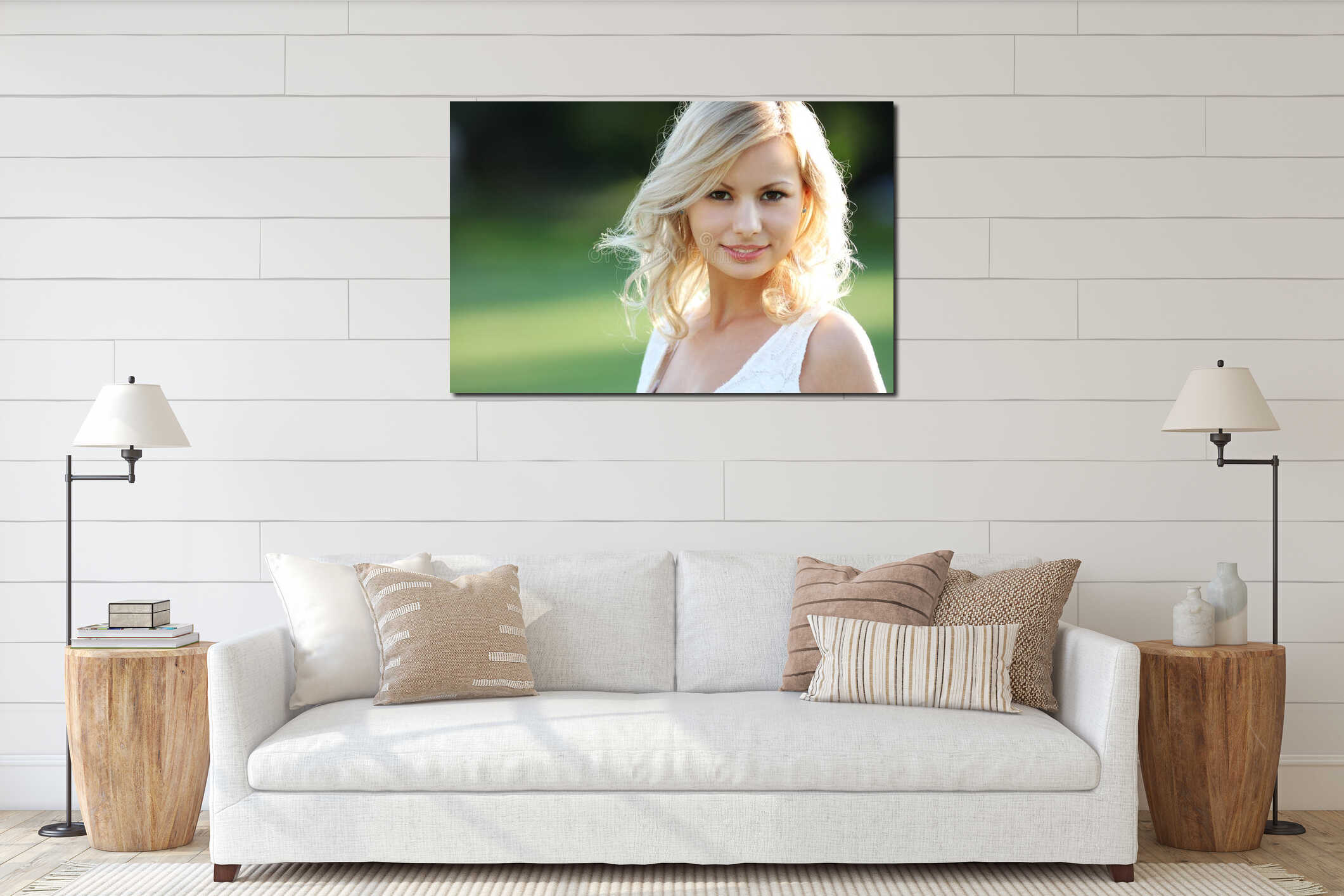 Smiling blonde girl. Portrait of happy cheerful beautiful young woman, outdoors. interior mockup