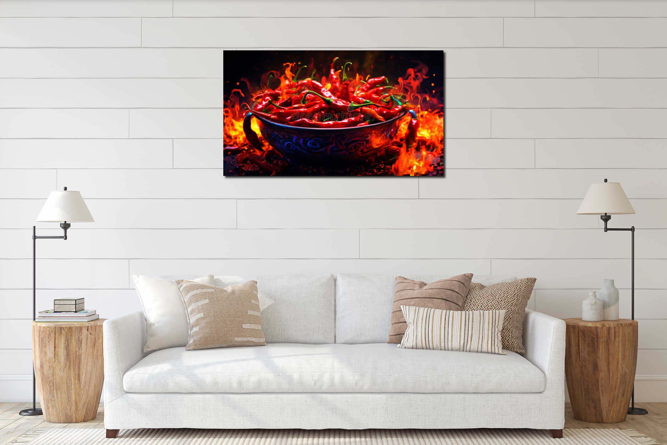 Bowl of fiery red chili peppers with flames in the background interior mockup