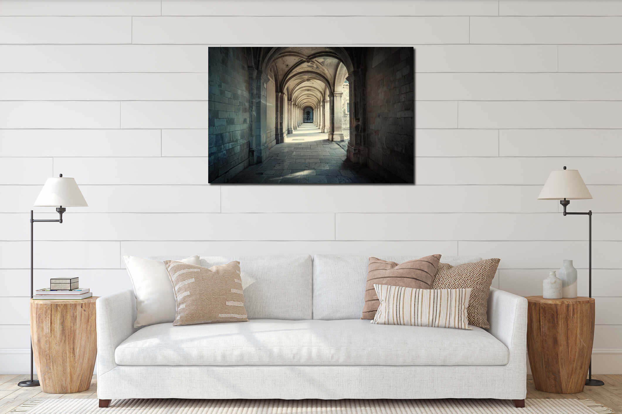 Sunlight illuminating ancient stone archway corridor interior mockup