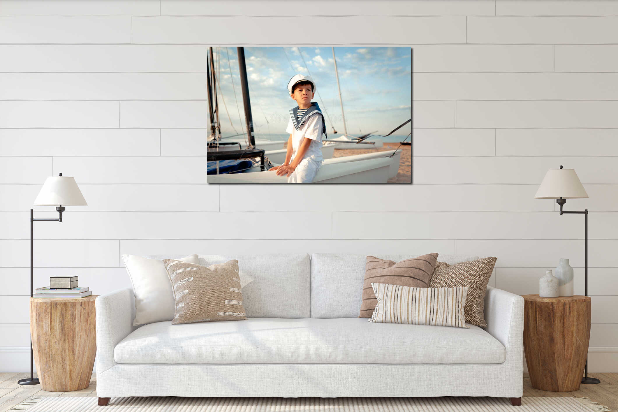 Portrait of young sailor near yacht interior mockup
