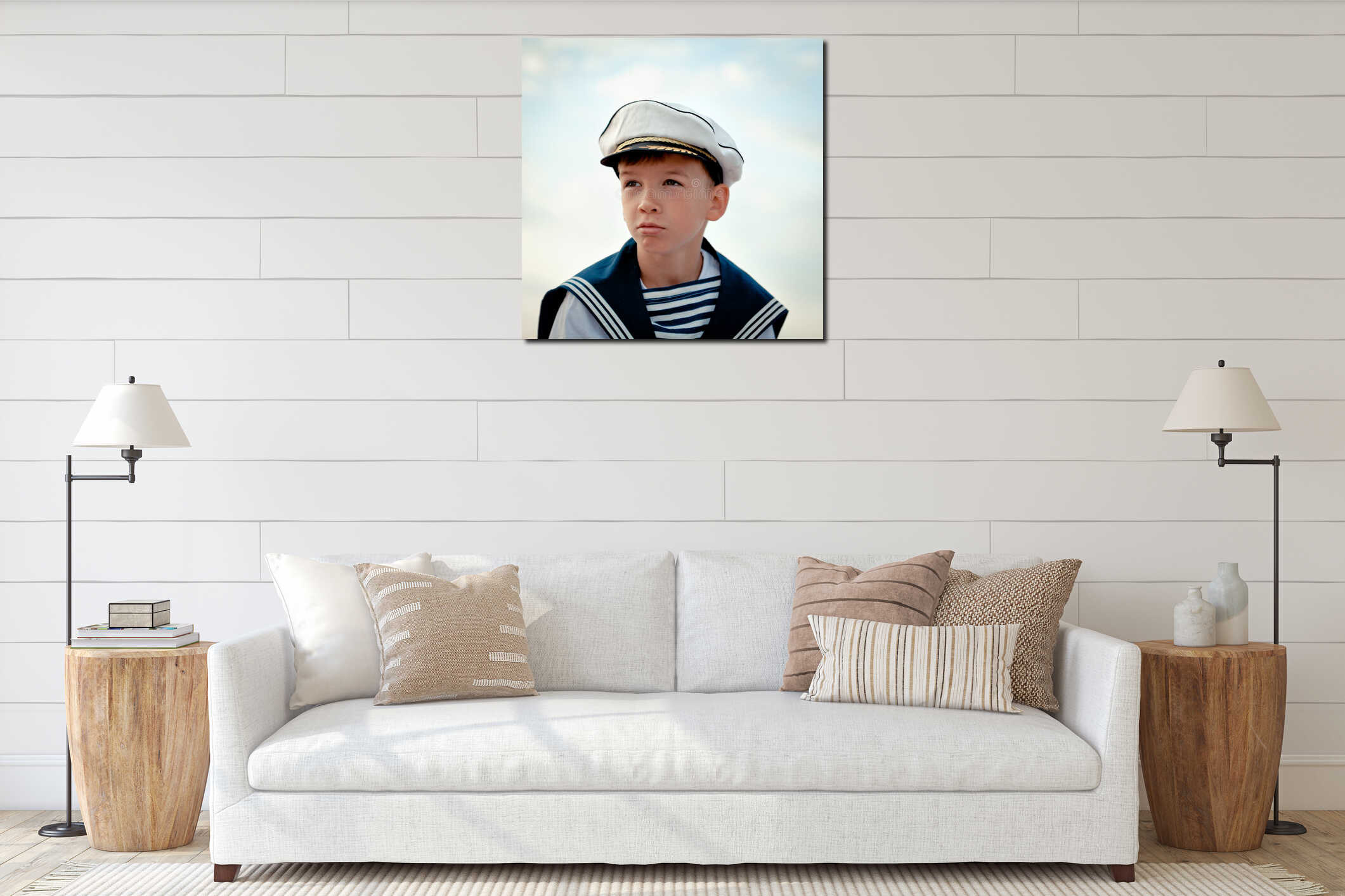Portrait of young sailor near yacht interior mockup
