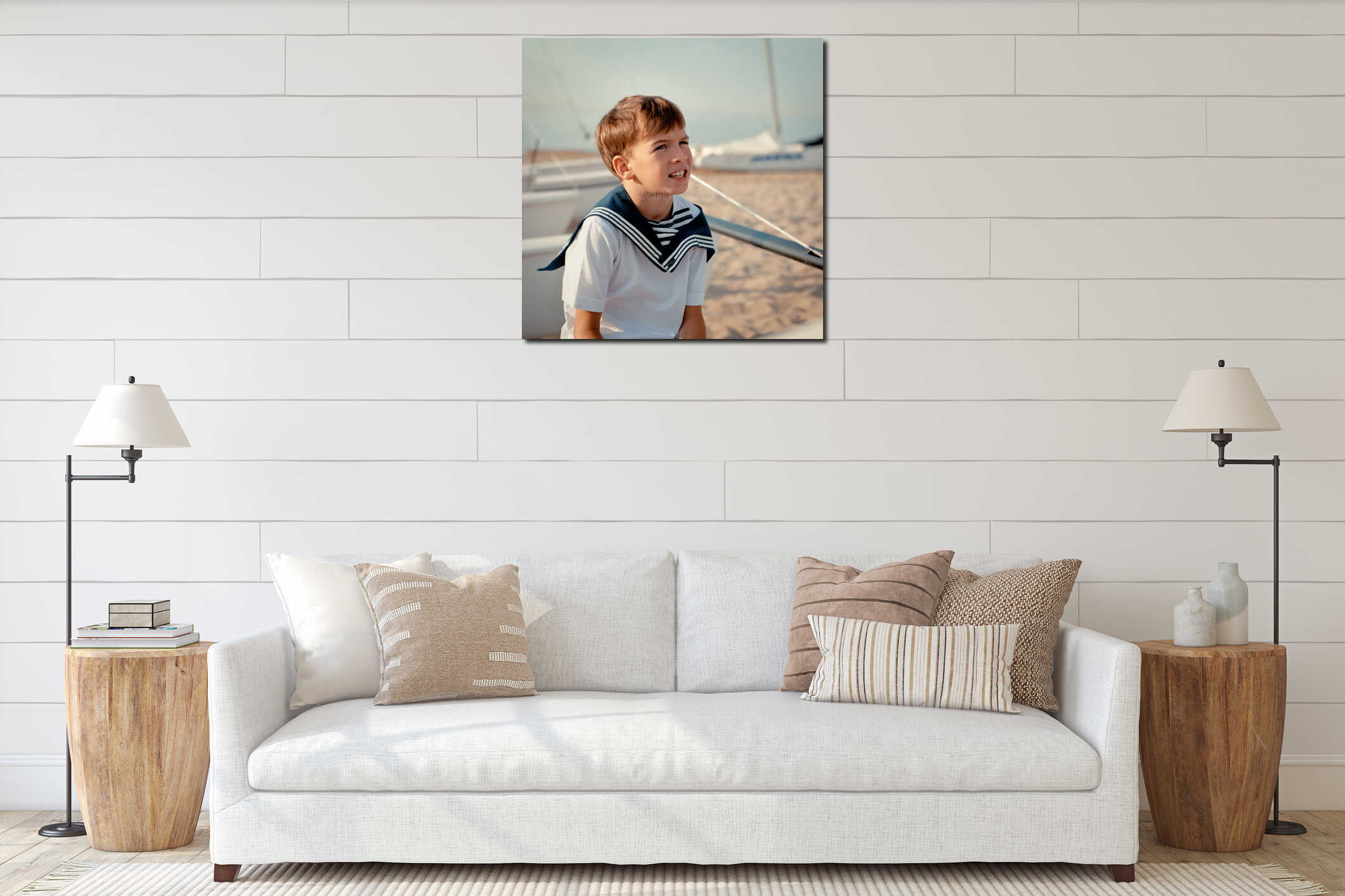 Portrait of young sailor near yacht interior mockup