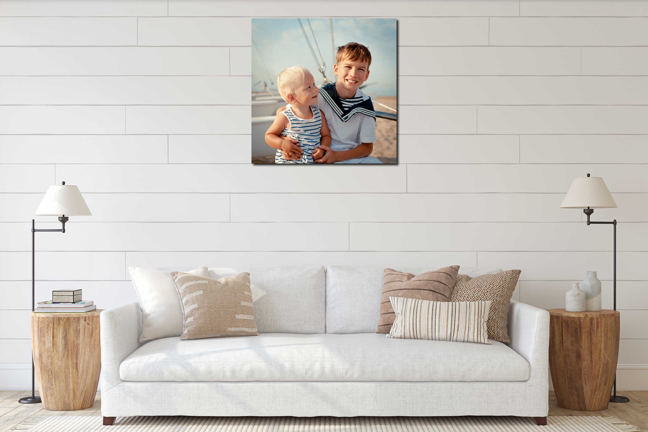 Portrait of young sailor and girl near yacht interior mockup