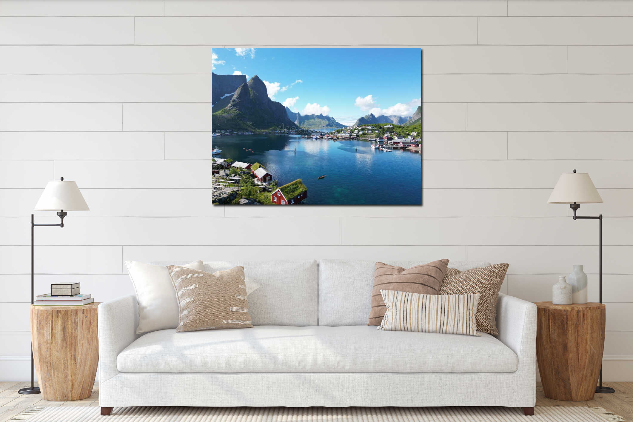 Aerial view of Reine in Lofoten Islands, Norway at summer interior mockup