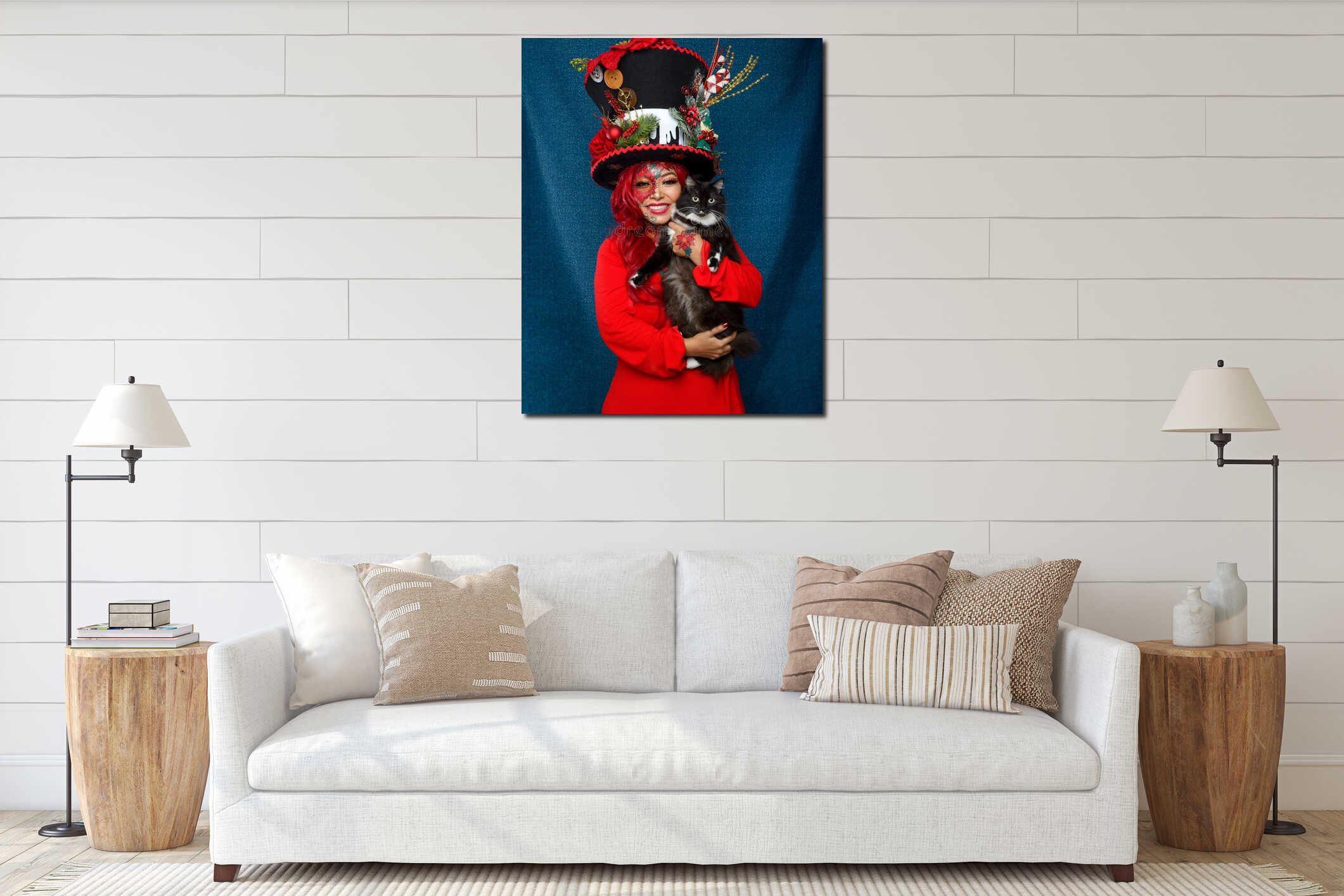 Woman with Christmas makeup, wearing huge hat with Christmas ornaments interior mockup