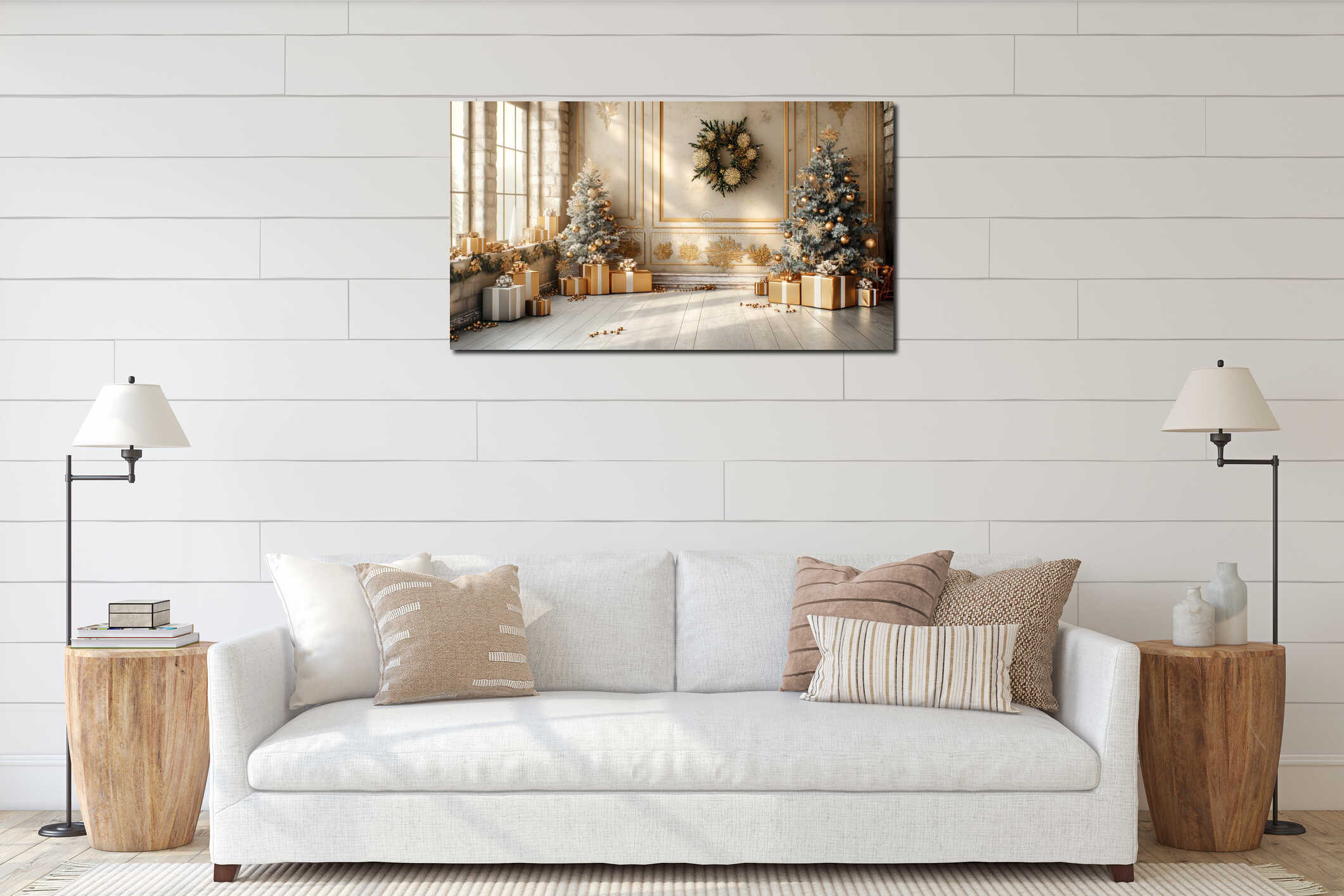 Elegant beige and gold gifts, surrounded by Christmas holiday trees in cozy interior. Generative AI interior mockup