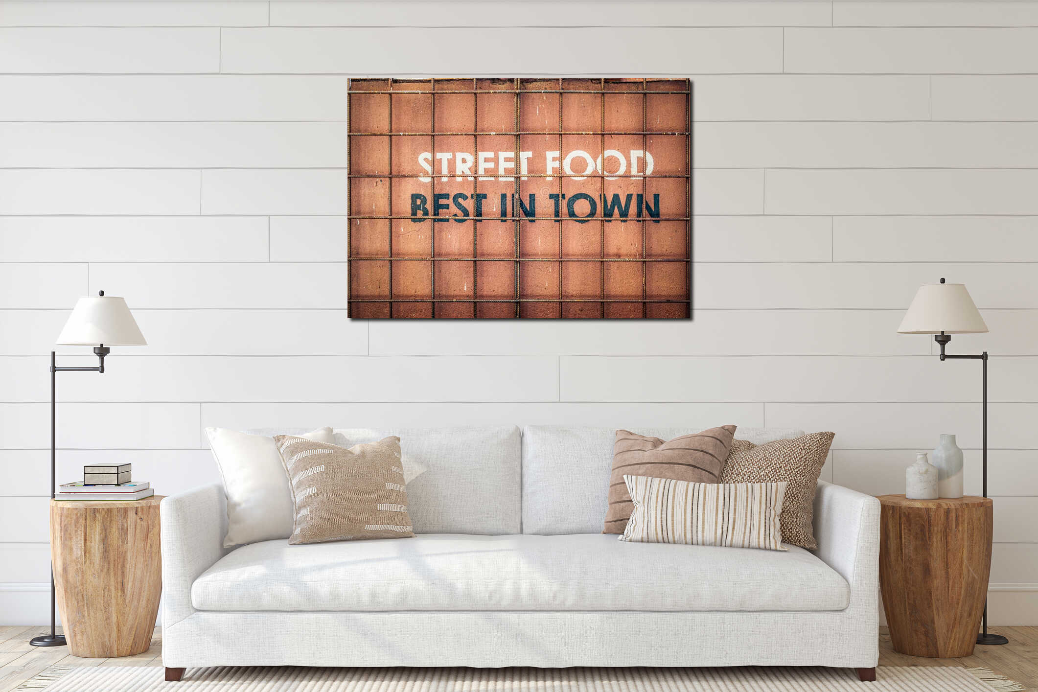 A bold Street Food Best in Town sign is seen behind metal bars, painted on a weathered red wall, interior mockup