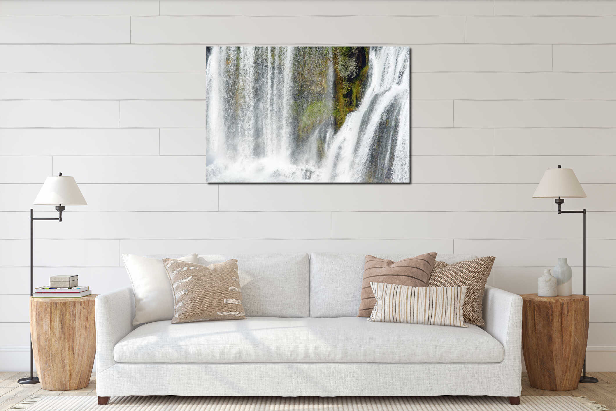 A close-up photo of the flow of water in the Pliva Waterfall in Jajce (Bosnia and Herzegovina) interior mockup