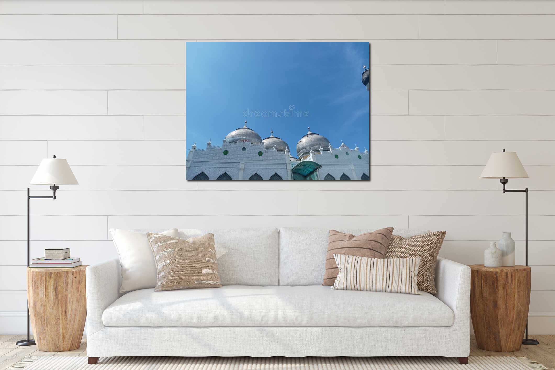 White Mosque with Silver Domes and Blue Sky interior mockup