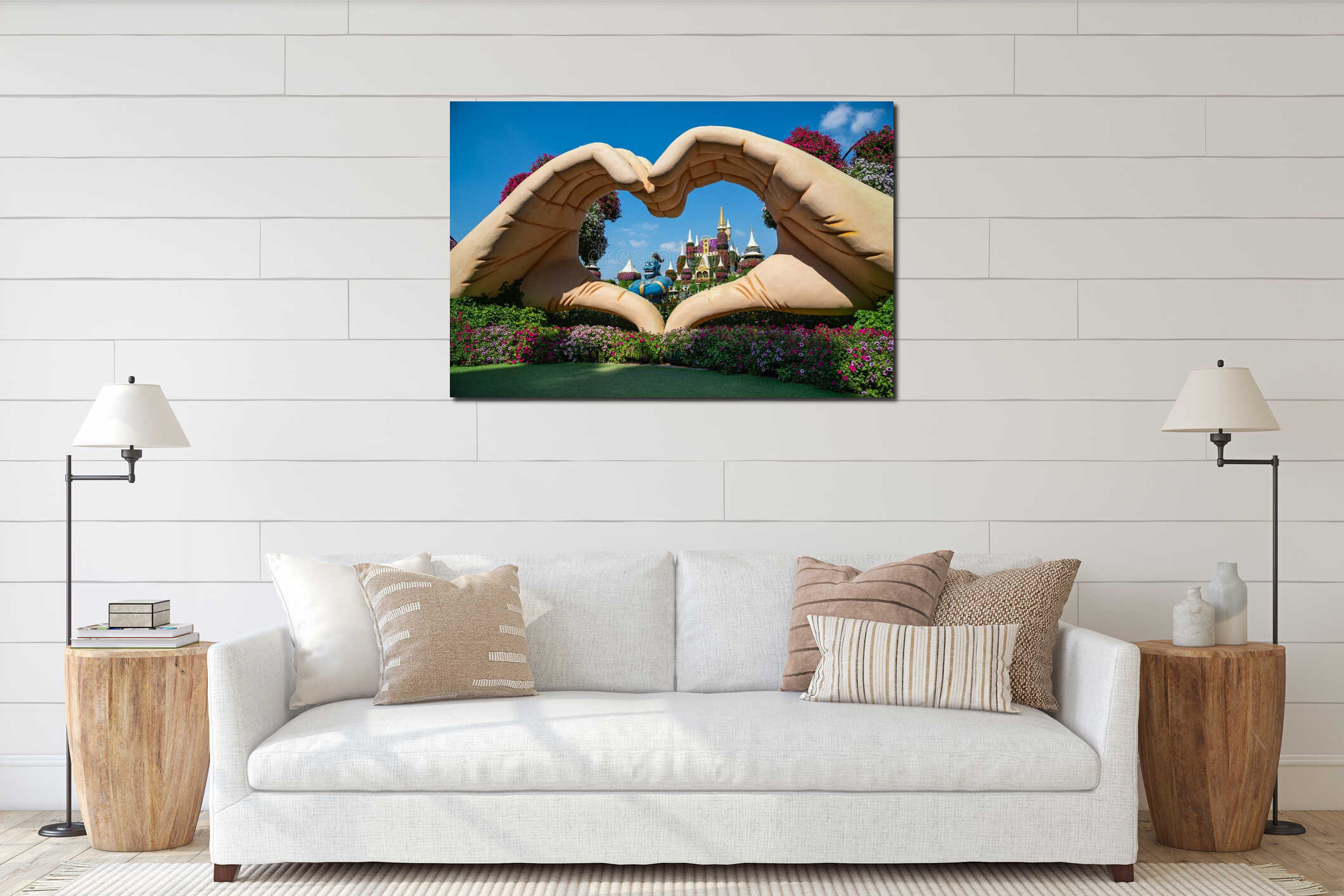 Dubai Miracle Garden, UAE, fairytale castle, heart shaped hands and colorful flower compositions interior mockup