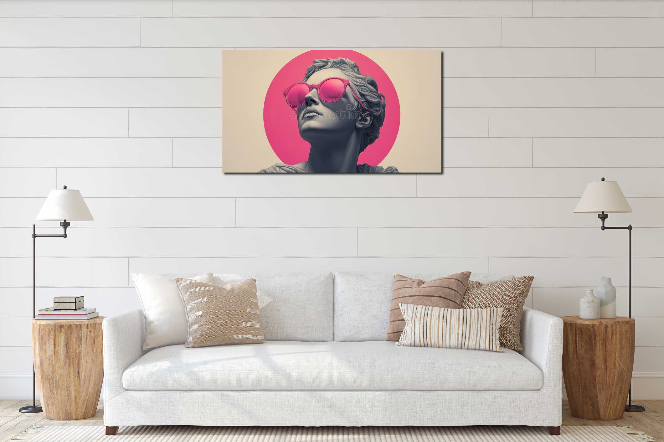 Classical sculpture with pink sunglasses against a pink circle interior mockup