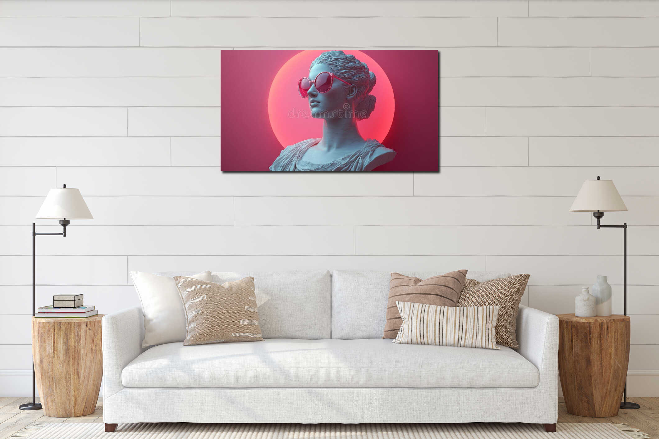 Classical sculpture with sunglasses against a neon pink background. Modern art fusion concept interior mockup