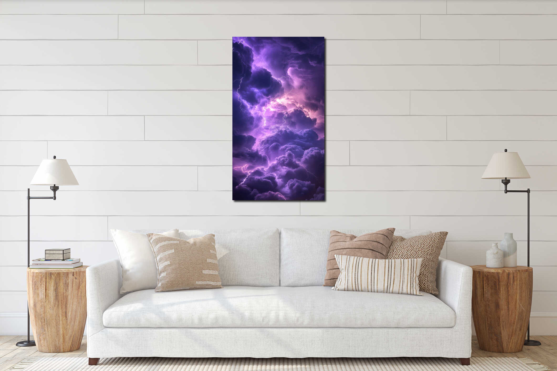 Vibrant purple storm clouds with lightning, dramatic sky. Nature and weather concept interior mockup