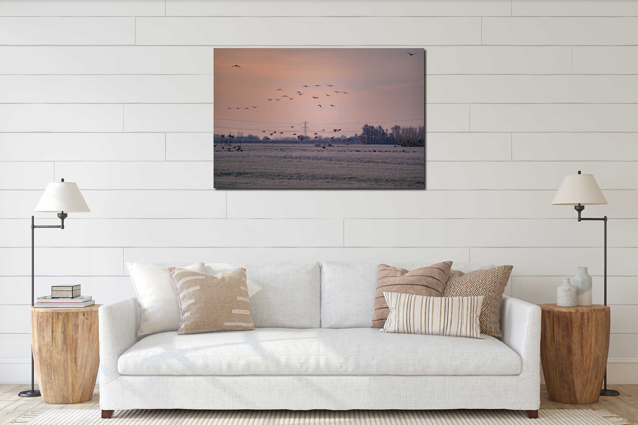 Silhouettes of wild geese flying in flock early morning before sunrise on a bright red colored sky interior mockup