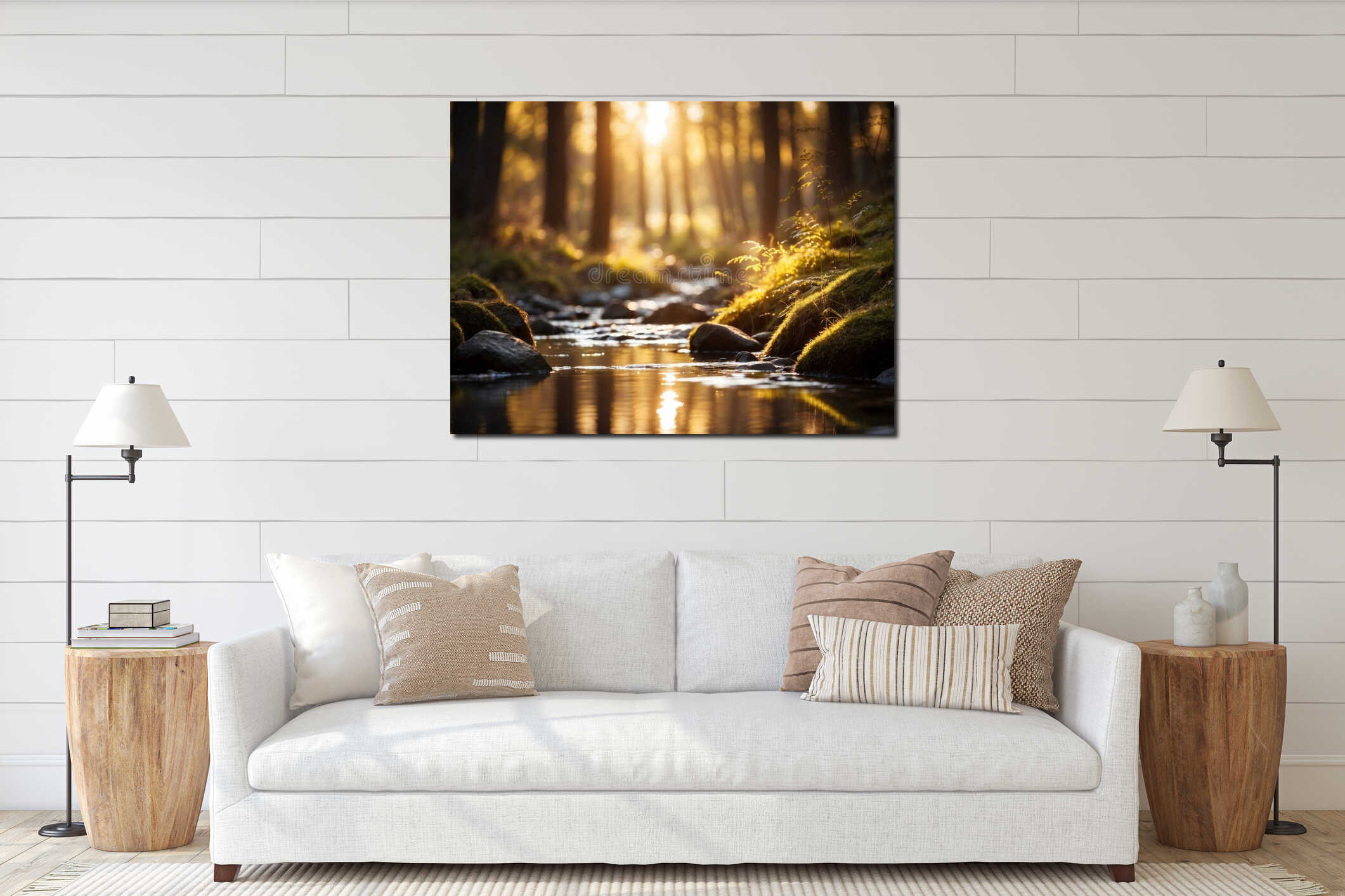 Golden Sunlight Illuminates a Forest Stream. interior mockup