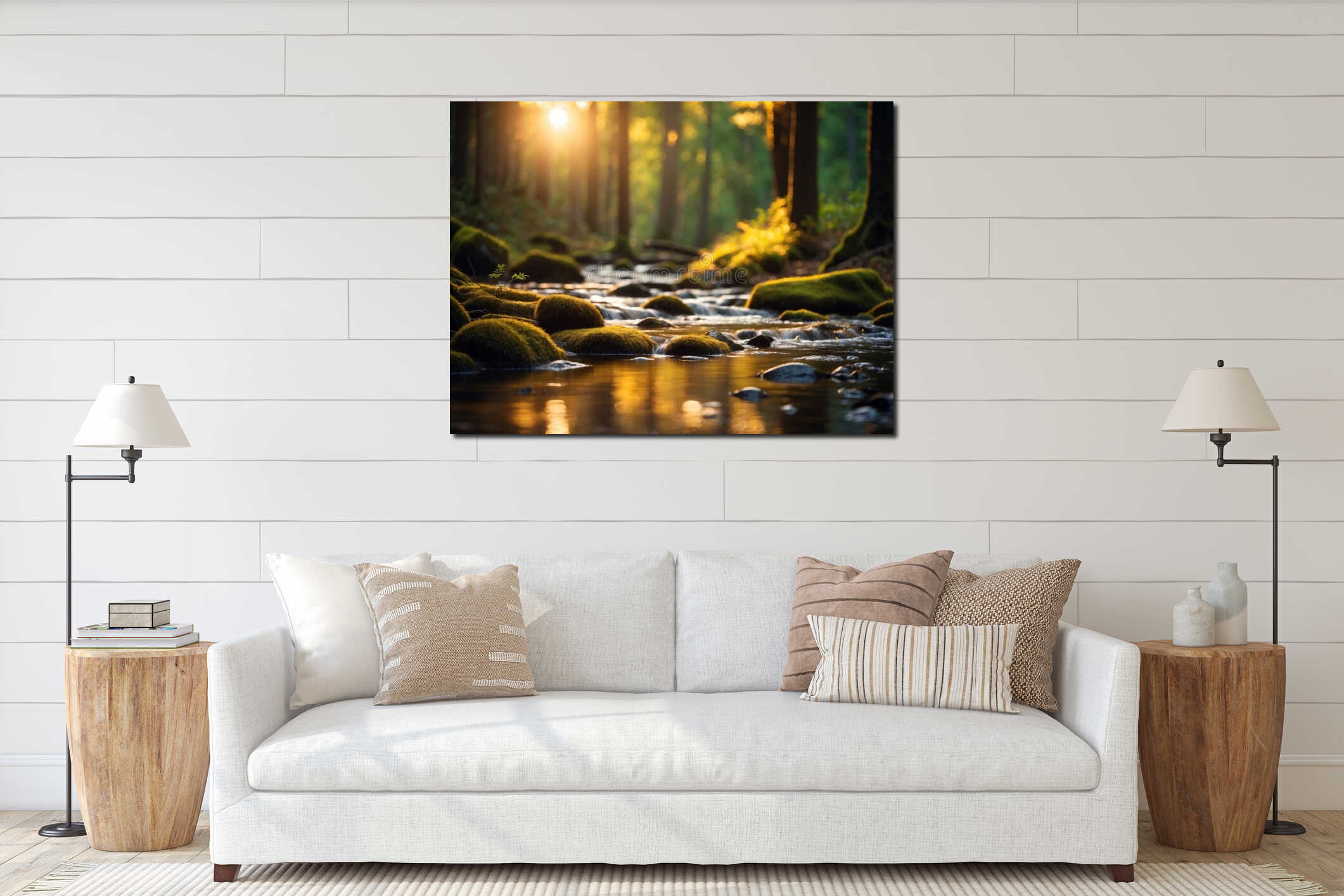 Golden Sunlight Illuminates a Forest Stream. interior mockup