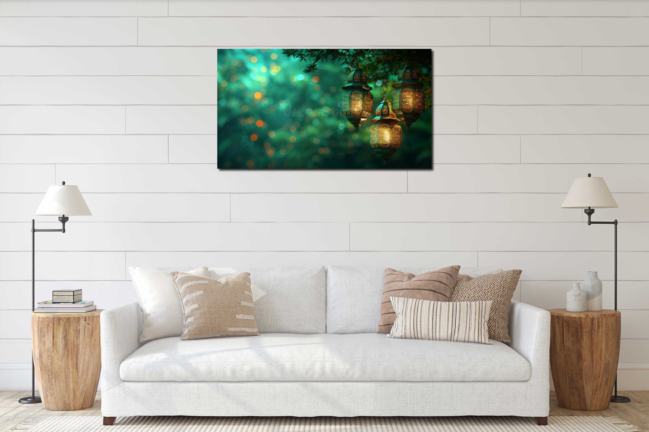 A group of three hanging lanterns on a tree branch, AI interior mockup