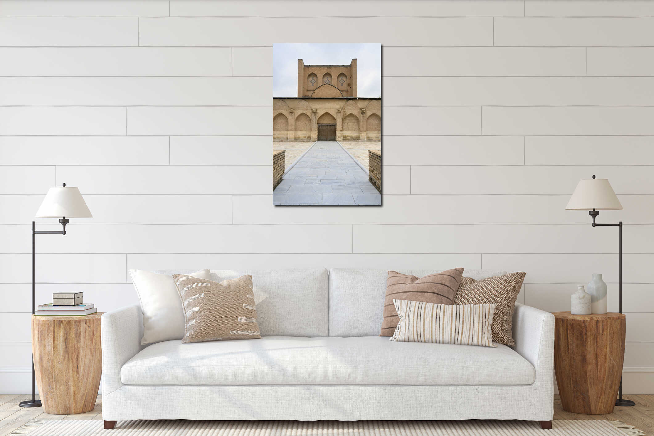 Courtyard of the Bibi Khanum mosque of the 15th century with a carved wooden door in the wall in Samarkand, Uzbekistan interior mockup