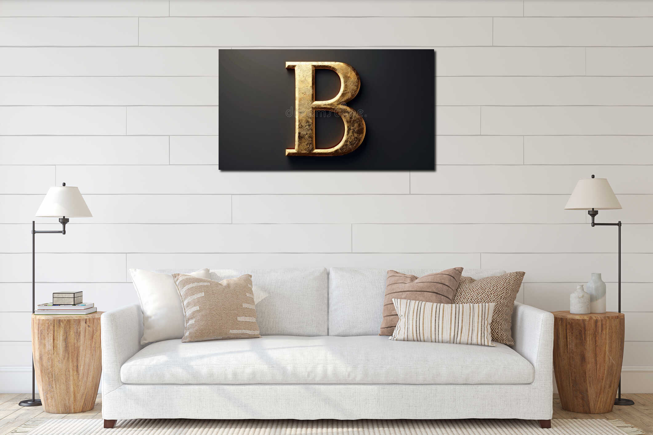 A single golden letter 'B' on a dark black background interior mockup