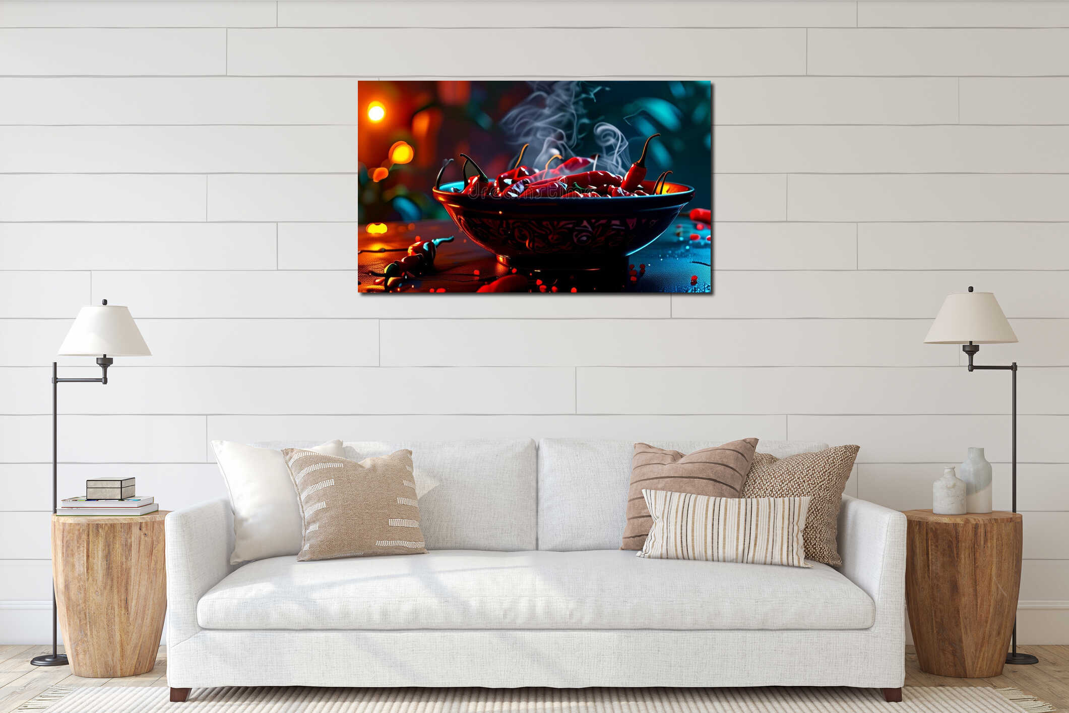 Bowl of steaming red chilies in atmospheric lighting interior mockup