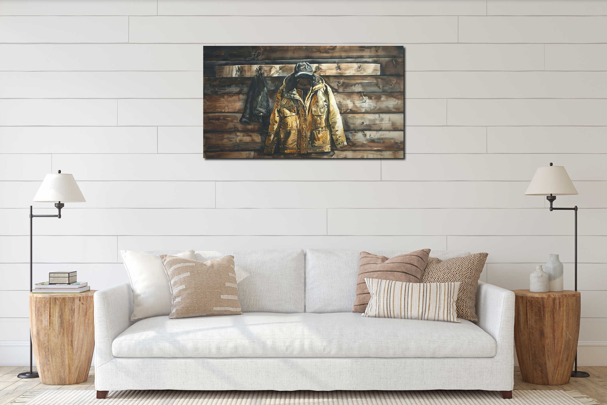 Watercolor Illustration of a Fisherman's Jacket, Hat, and Towel Hanging on a Wooden Cabin Wall. Concept of rustic interior mockup