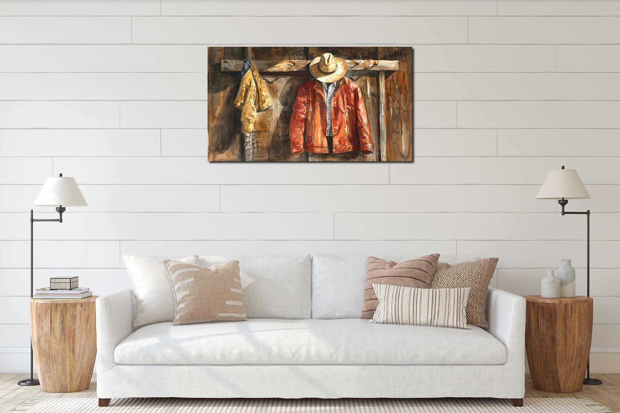 Watercolor Illustration of a Fisherman's Jacket, Hat, and Towel Hanging on a Wooden Cabin Wall. Concept of rustic interior mockup