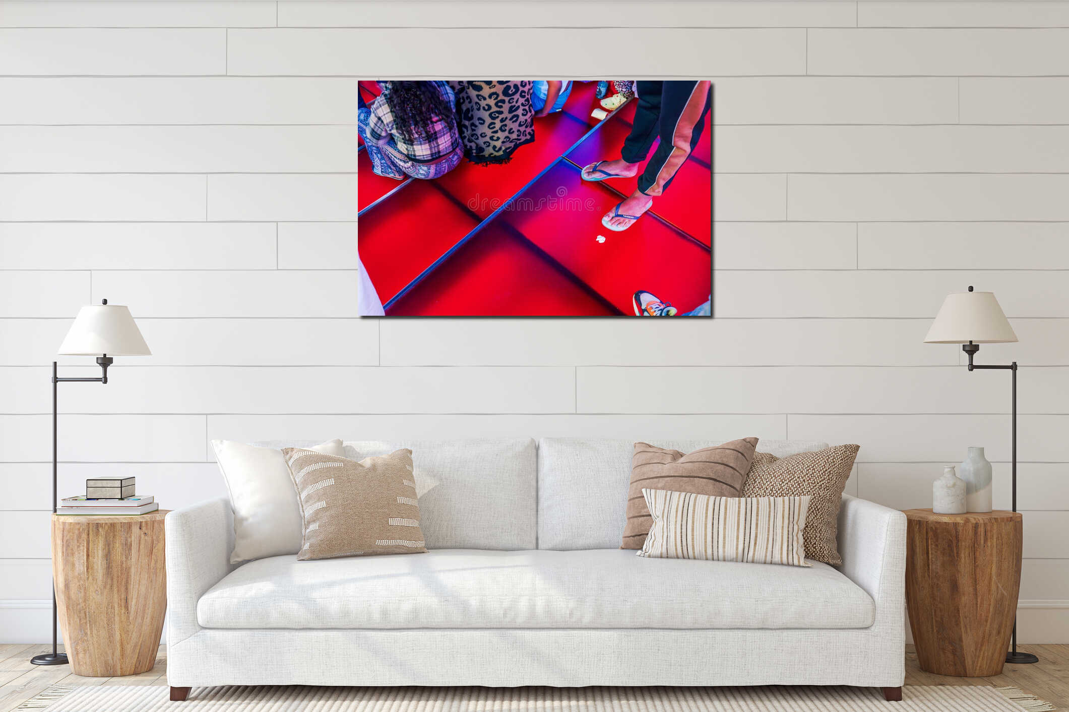 Close-up of people sitting and standing on the illuminated red stairs in Times Square, interior mockup