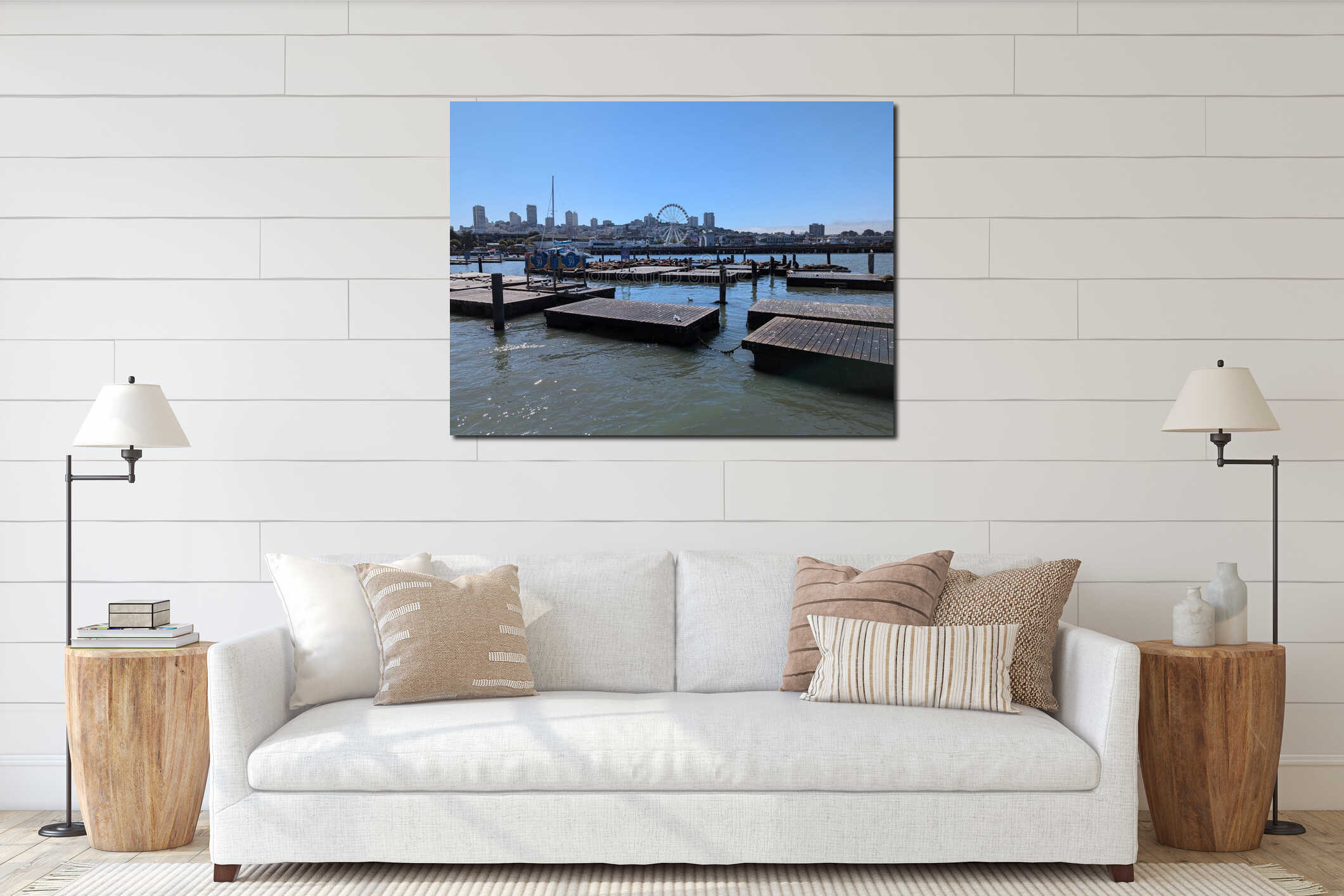 San Francisco, USA - 09.22.2024: Famous sea lions on wooden floating docks in San Francisco at Pier 39 Fisherman's interior mockup
