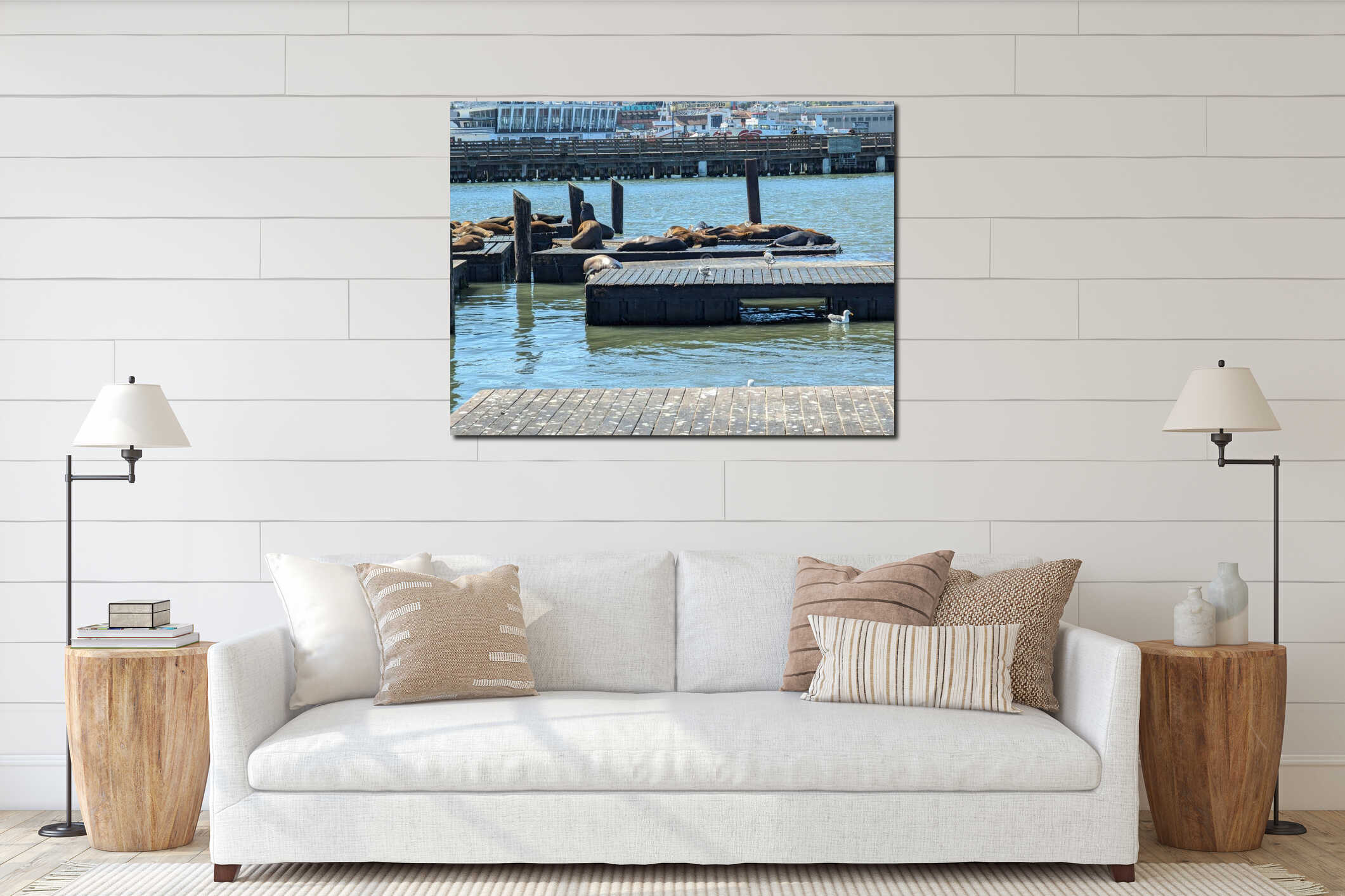 San Francisco, USA - 09.22.2024: Famous sea lions on wooden floating docks in San Francisco at Pier 39 Fisherman's interior mockup