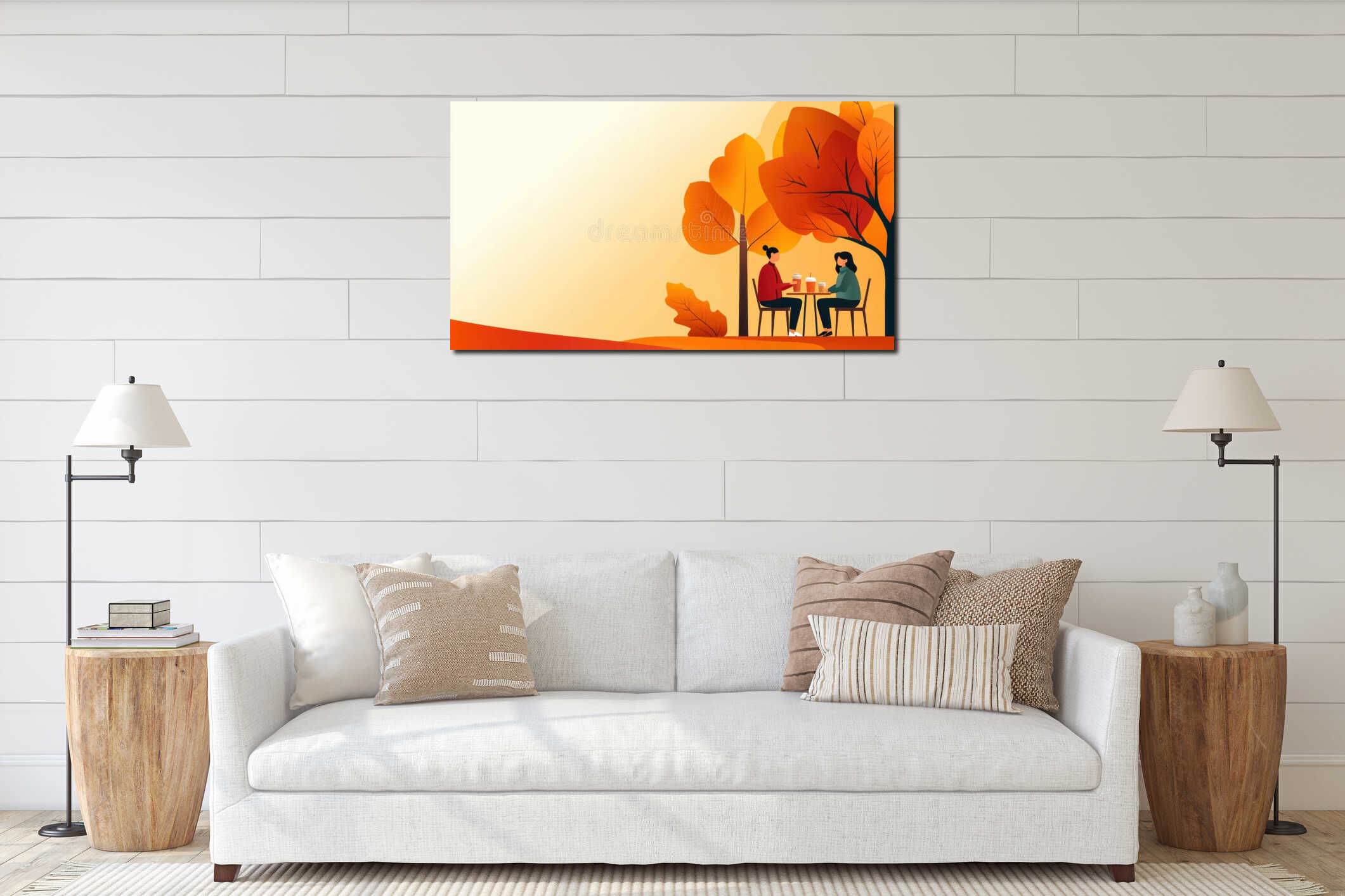 Two people sitting at a table under an autumn tree, AI interior mockup