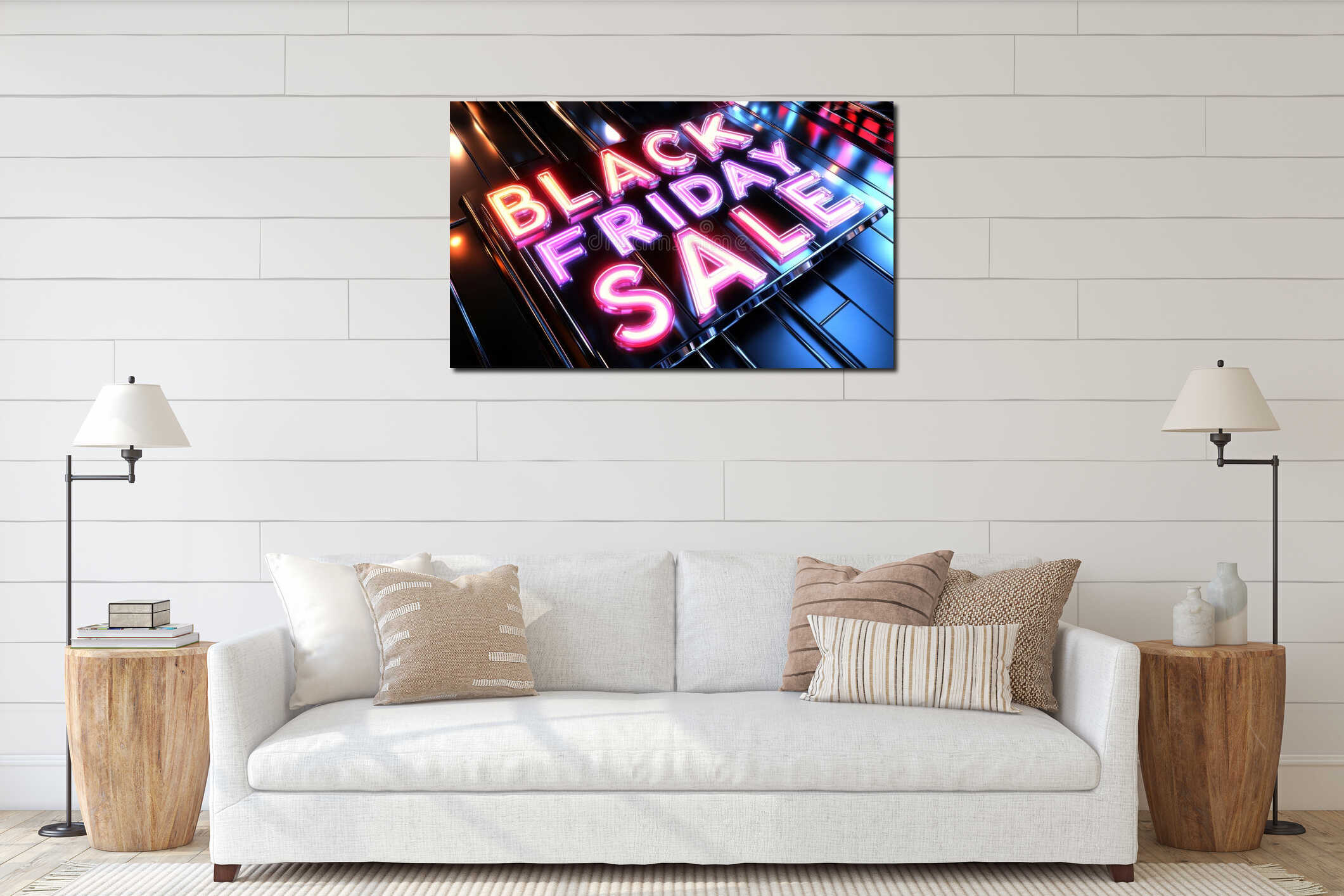 Vibrant Neon Black Friday Sale Sign Illuminated Nighttime Shopping Event interior mockup